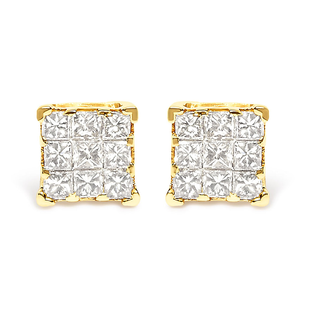 Aretes de oro amarillo de 14 quilates con diamantes de talla princesa de 1/2 ct y 9 piedras cuadradas engastadas invisibles (color JK, claridad SI2-I1) - Friggin Jewelry
