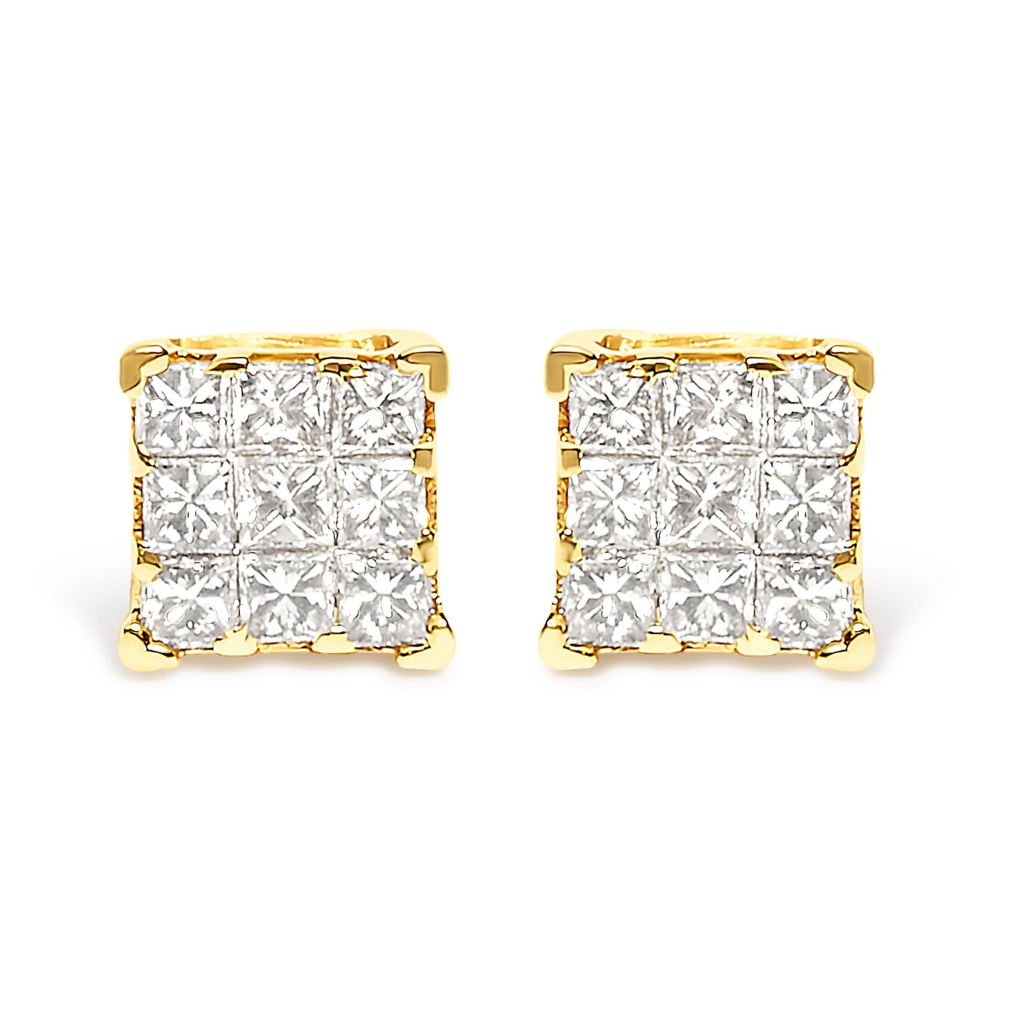 Aretes de oro amarillo de 14 quilates con diamantes de talla princesa de 1/2 ct y 9 piedras cuadradas engastadas invisibles (color JK, claridad SI2-I1) - Friggin Jewelry
