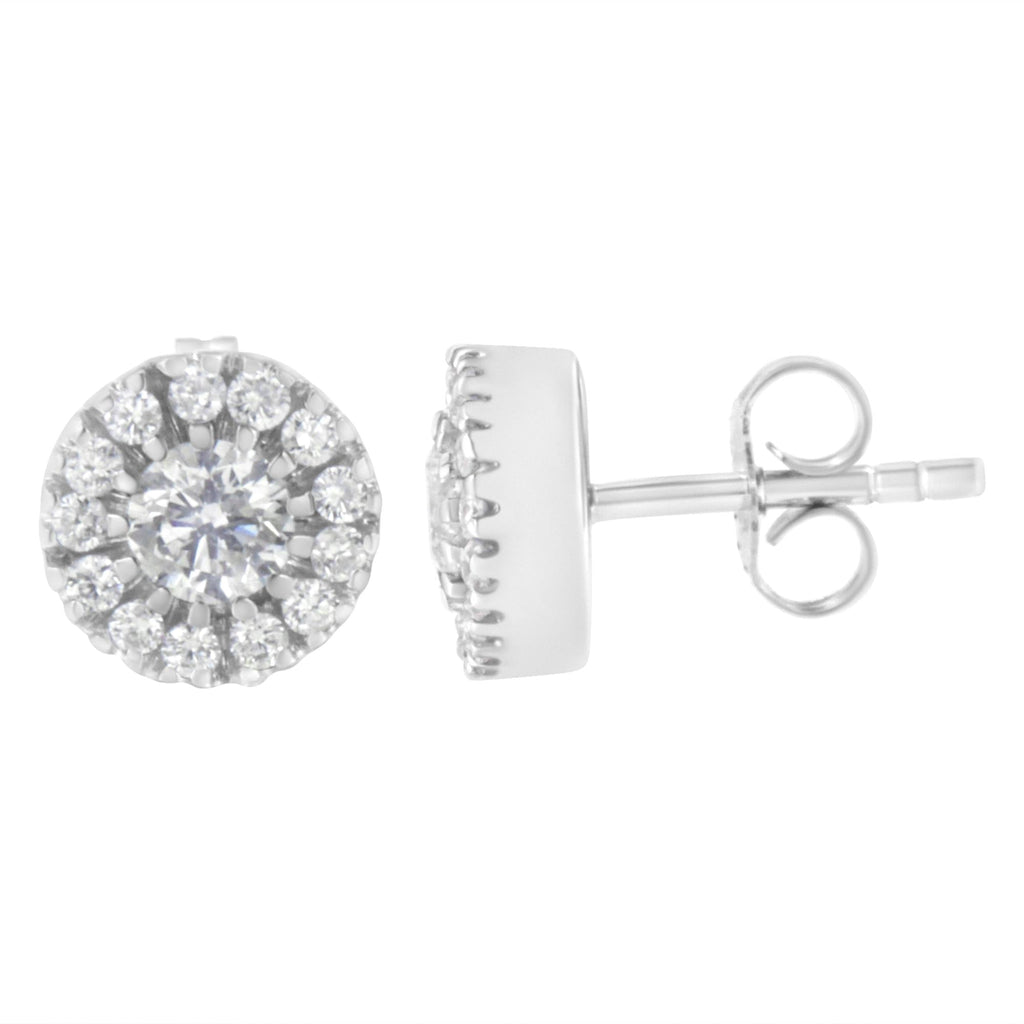 Orecchini a bottone con alone di diamanti da 1 carato in oro bianco 14k (purezza IJ, colore I1-I2) - Friggin Jewelry