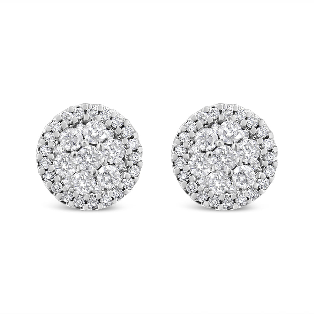 14K White Gold 1.0 Cttw Brilliant-Cut Diamond Halo-Style Cluster Round Button Stud Earrings (H-I Color, I1-I2 Clarity) - Friggin Jewelry Premium