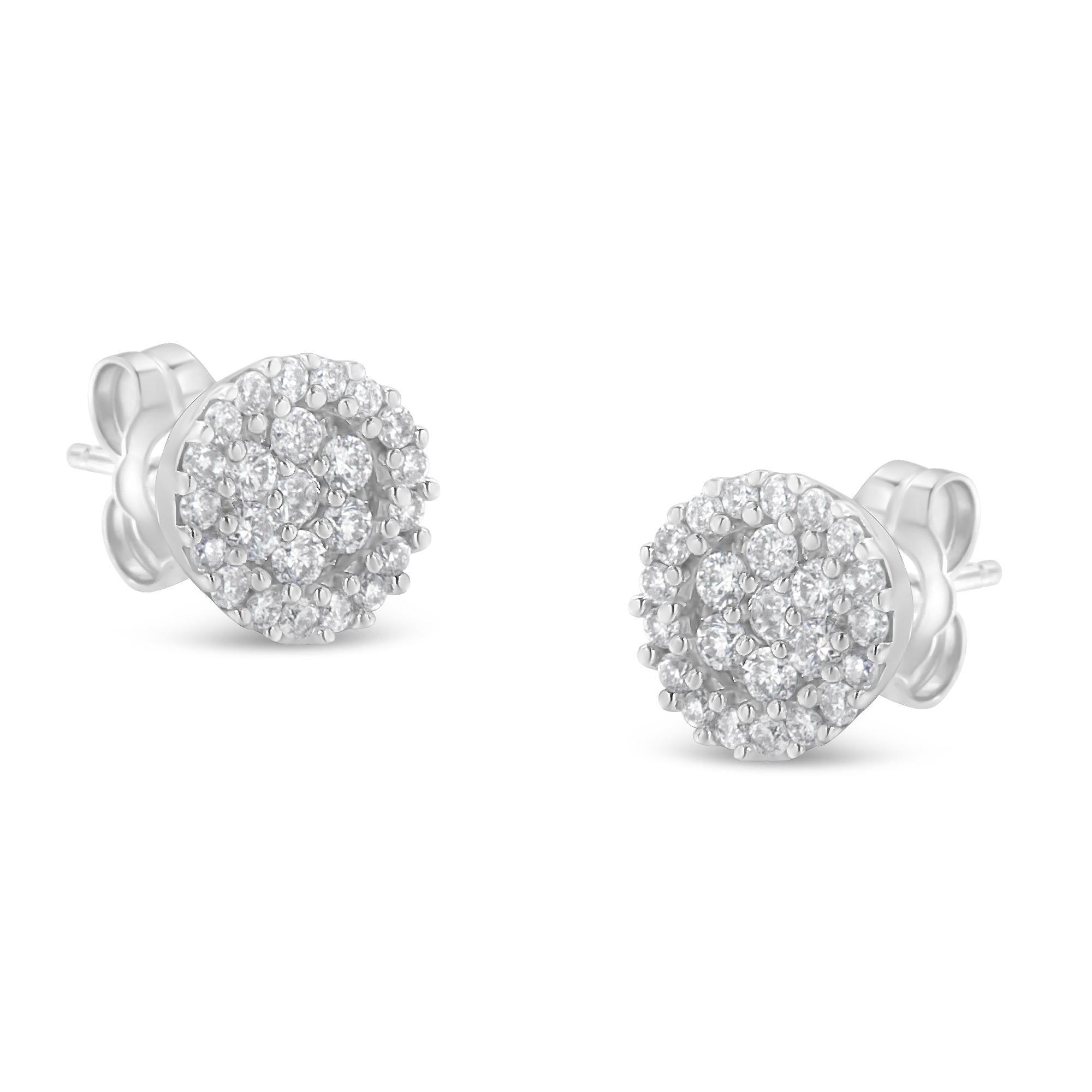 14K White Gold 1/2 Cttw Brilliant-Cut Diamond Halo-Style Cluster Round Button Stud Earrings (H-I Color, I1-I2 Clarity) - Friggin Jewelry