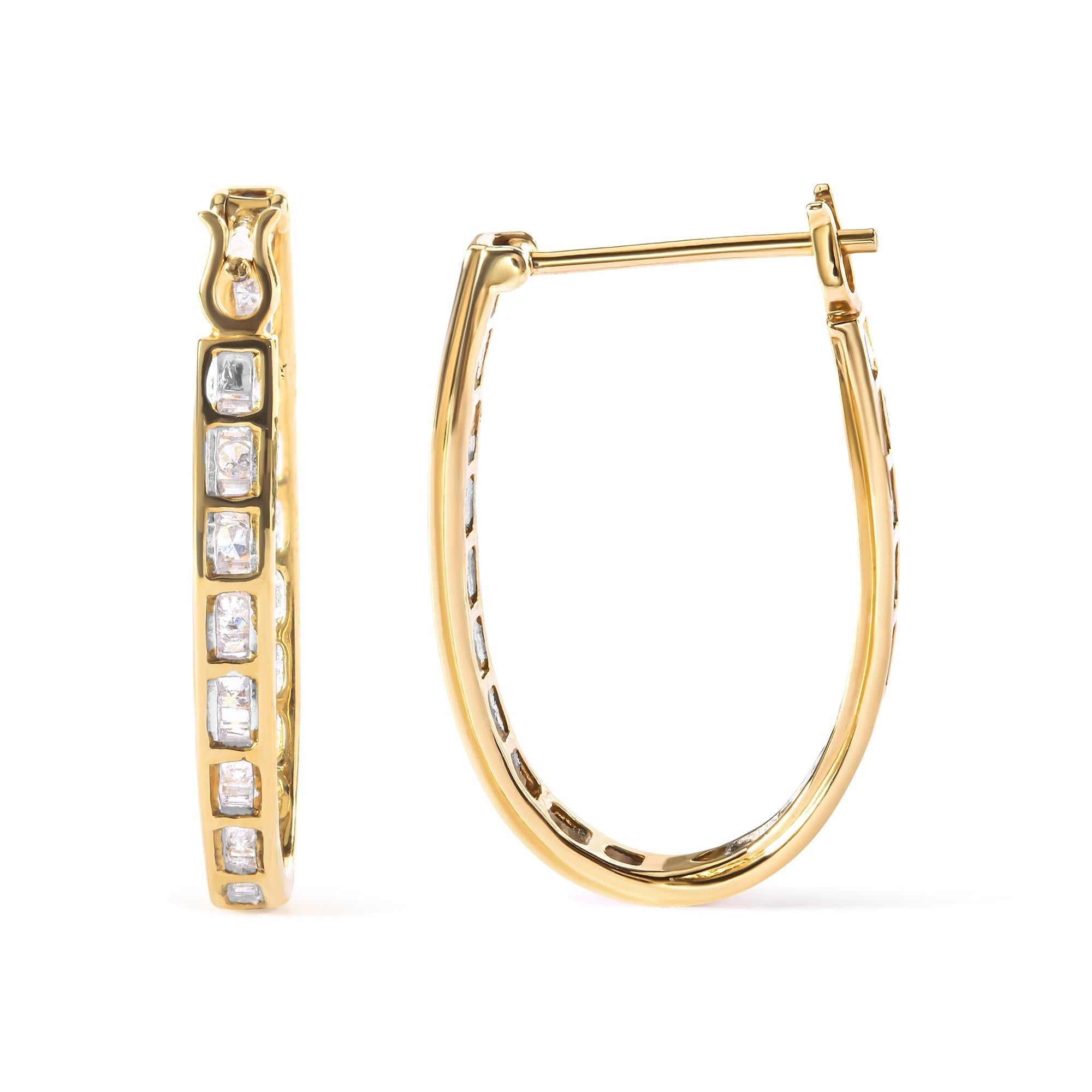 Orecchini a cerchio a U in oro giallo 10 carati con diamanti taglio baguette e taglio rotondo da 1,00 ct (colore HI, purezza SI2-I1) - Friggin Jewelry