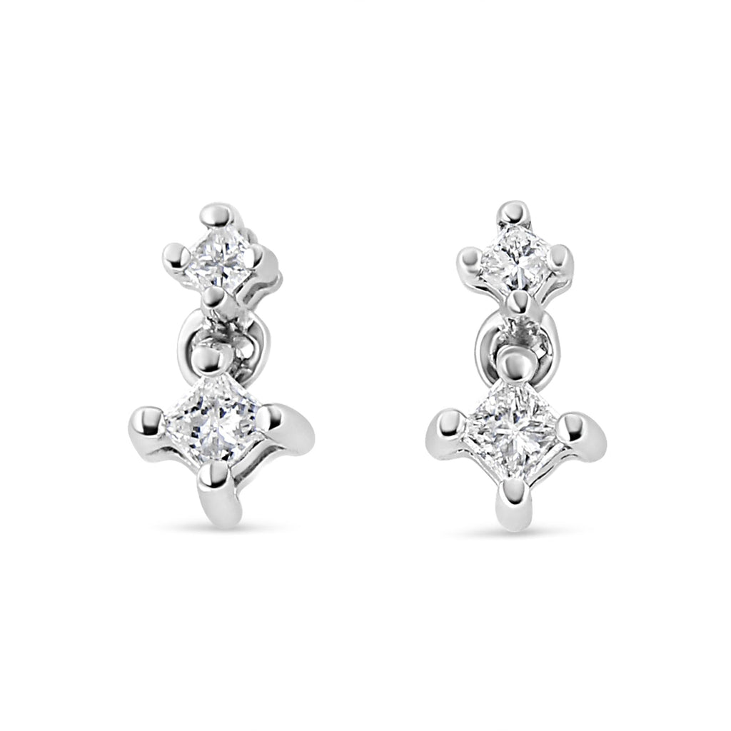 14K White Gold 1/4 Cttw 4 Prong Set Princess-Cut Double Diamond Drop and Dangle Stud Earrings (I-J Color, I2-I3 Clarity) - Friggin Jewelry
