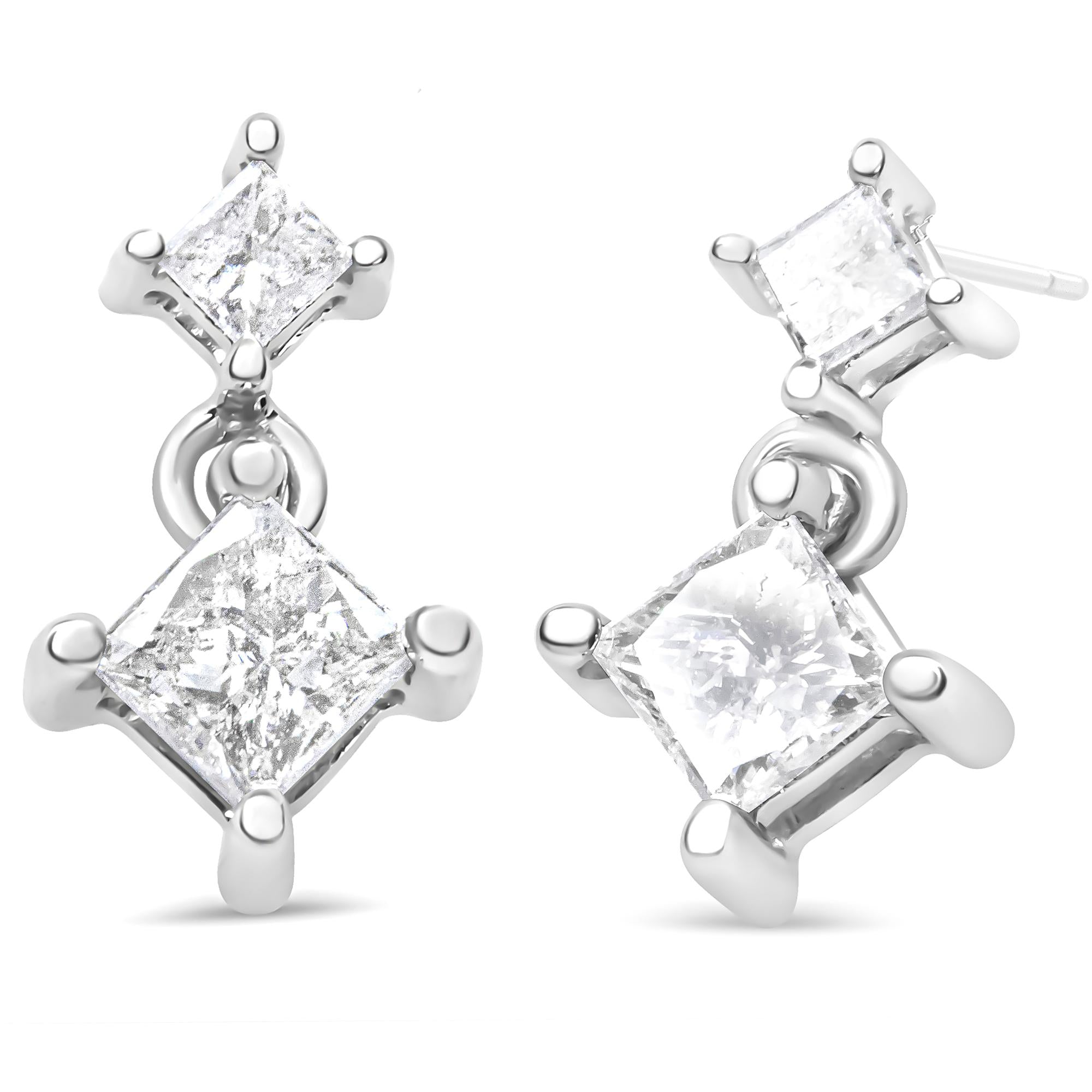 14K White Gold 3/8 Cttw Princess-Cut Diamond Double Dangle 2 Stone Stud Drop Earrings for Women (I-J Color, I2-I3 Clarity) - Friggin Jewelry