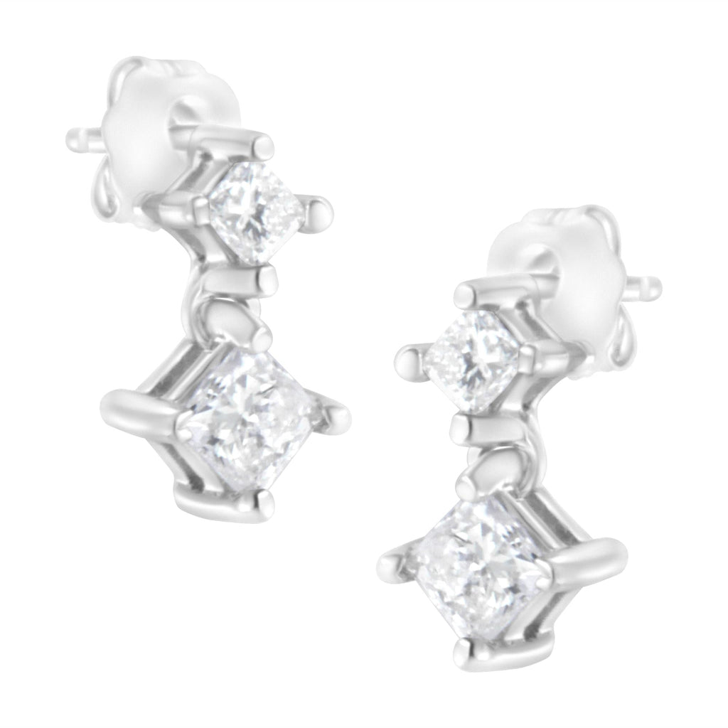 Orecchini a bottone in oro bianco 14 carati con doppio diamante taglio principessa da 3/4 ct (purezza IJ, colore I2-I3) - Friggin Jewelry