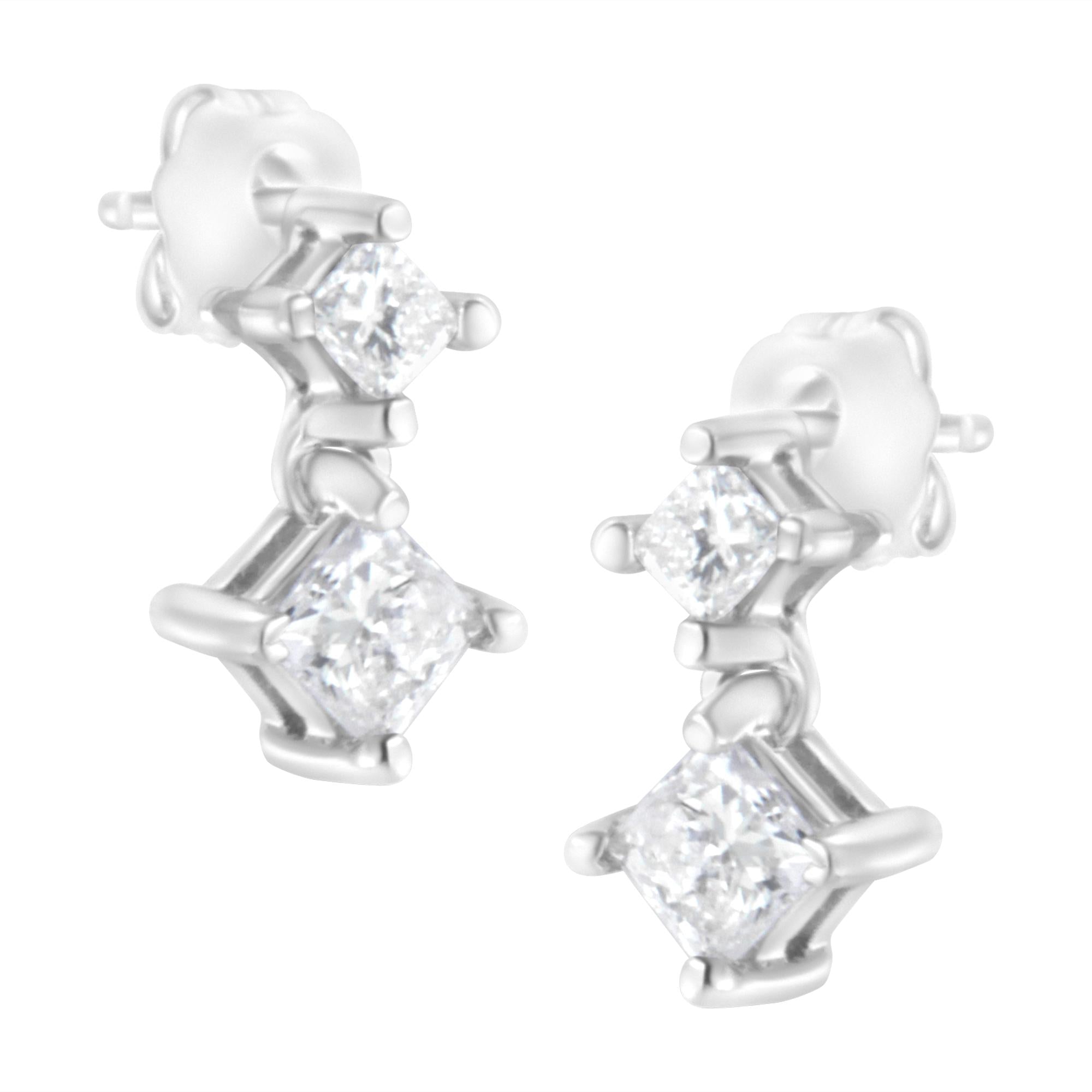 14K White Gold 3/4 cttw Double Diamond Princess-Cut Stud Earrings (I-J Clarity, I2-I3 Color) - Friggin Jewelry Premium
