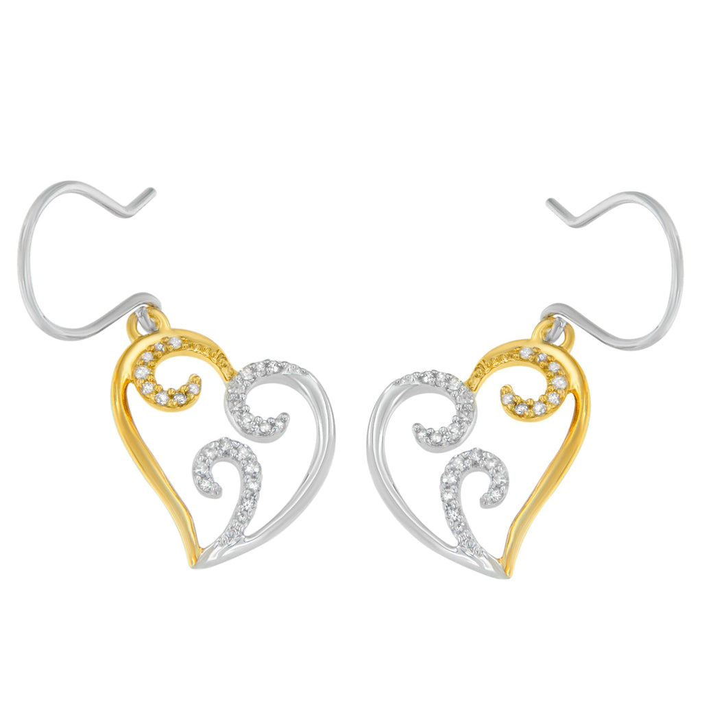 10K Two-tone Gold Round Diamond Heart Dangle Earrings (1/4 cttw, I-J Color, I2-I3 Clarity) - Friggin Jewelry