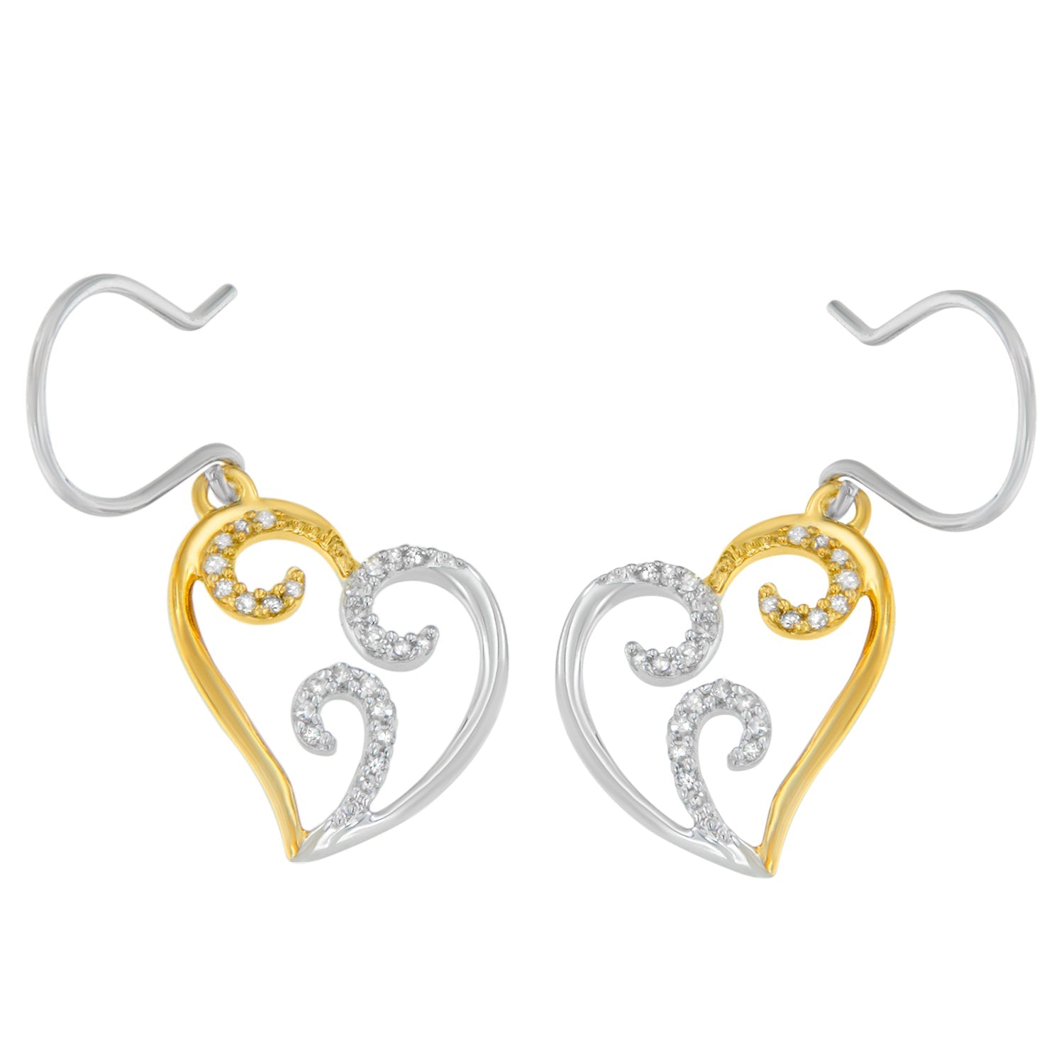 10K Two-tone Gold Round Diamond Heart Dangle Earrings (1/4 cttw, I-J Color, I2-I3 Clarity) - Friggin Jewelry