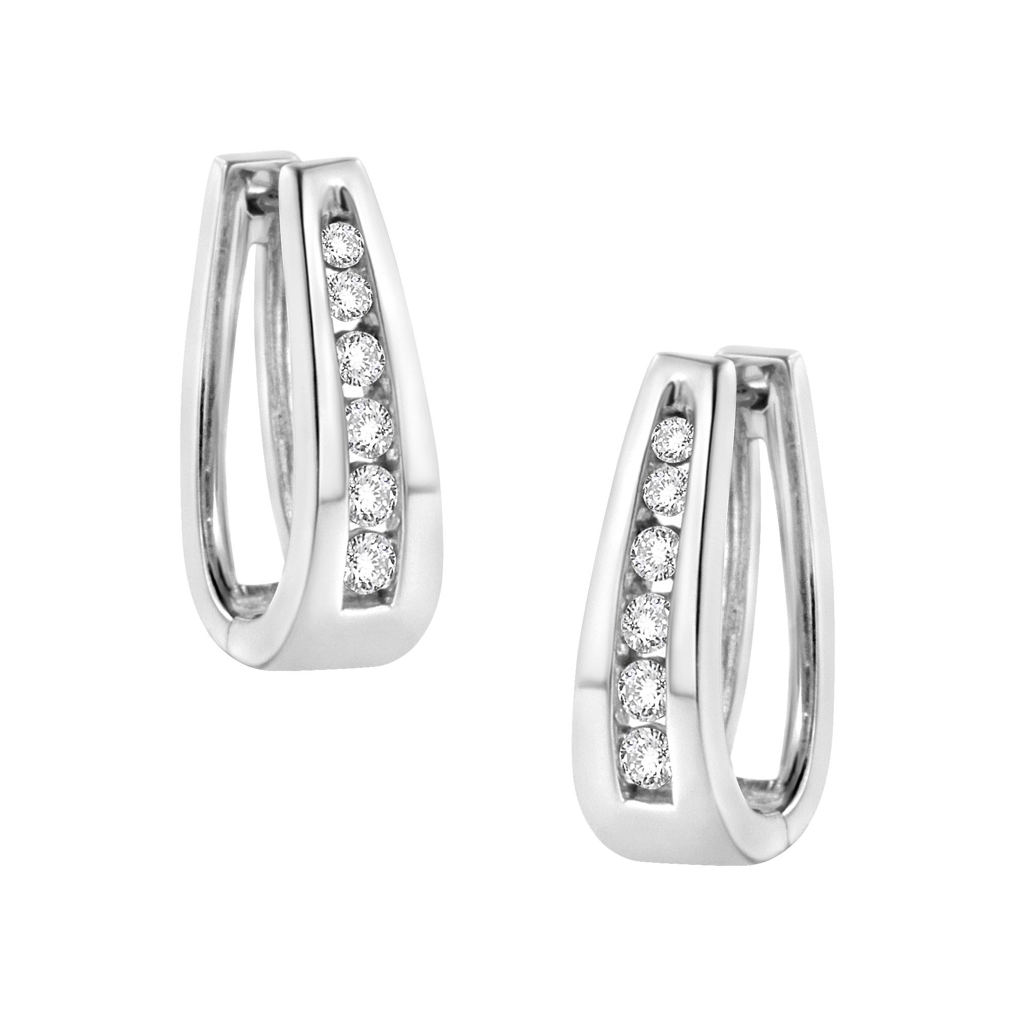14k White Gold Channel-Set Brilliant Round-Cut Diamond Hoop Earrings (I-J Color, I2-I3 Clarity) - Friggin Jewelry Premium