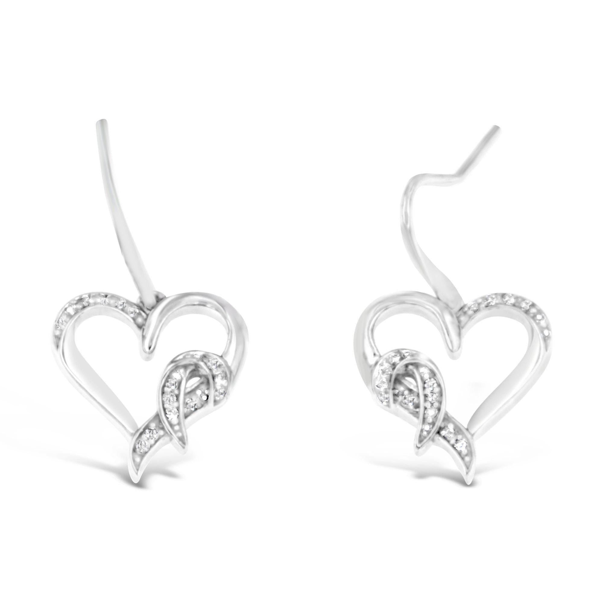 Sterling Silver Round Cut Diamond Heart Dangle Earrings (0.09 cttw, H-I Color, I1-I2 Clarity) - Friggin Jewelry