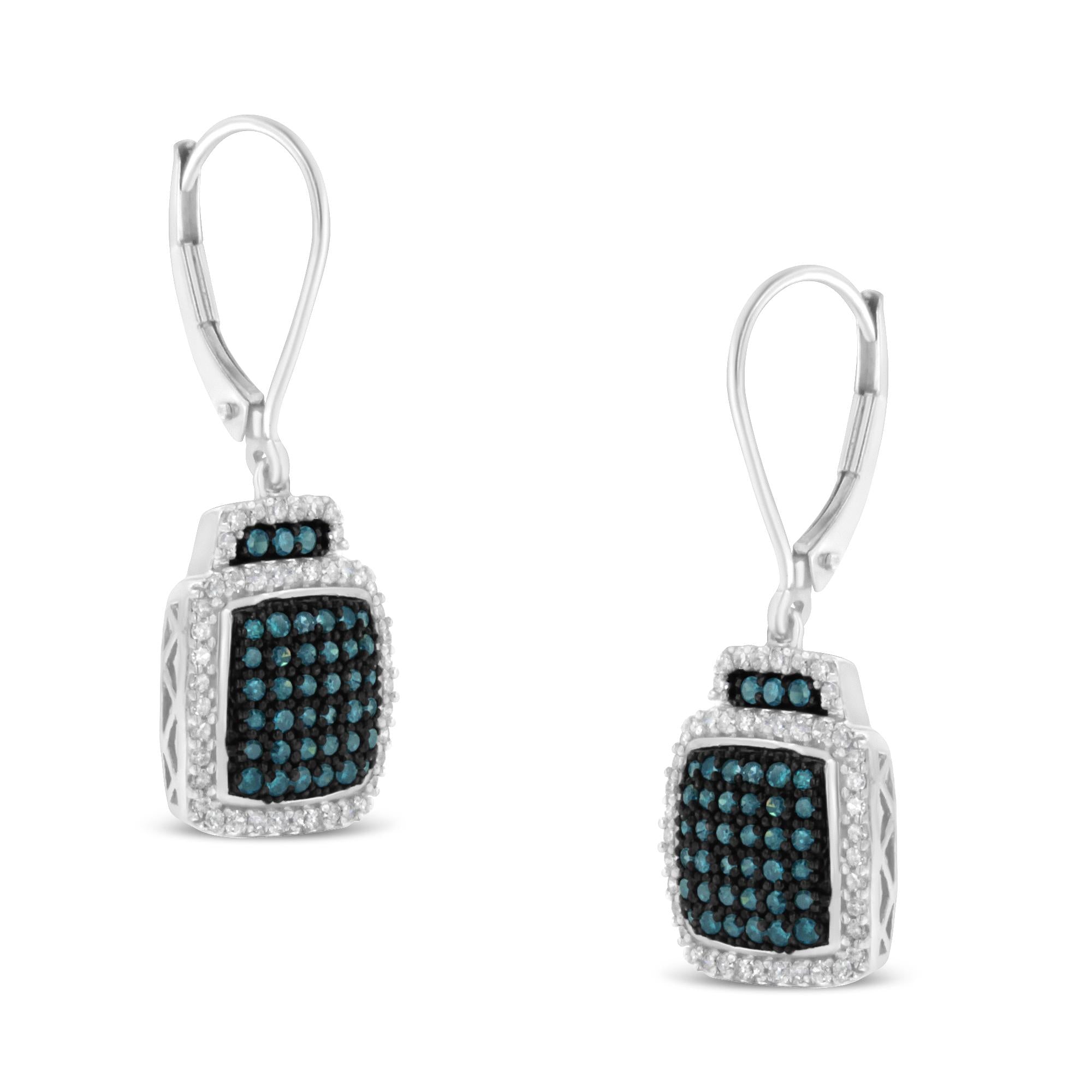 Black Rhodium over .925 Sterling Silver ¾ Cttw Blue and White Diamond Cushion Shaped Dangle Earrings (Enhanced Blue & I-J Color, I2-I3 Clarity) - Friggin Jewelry