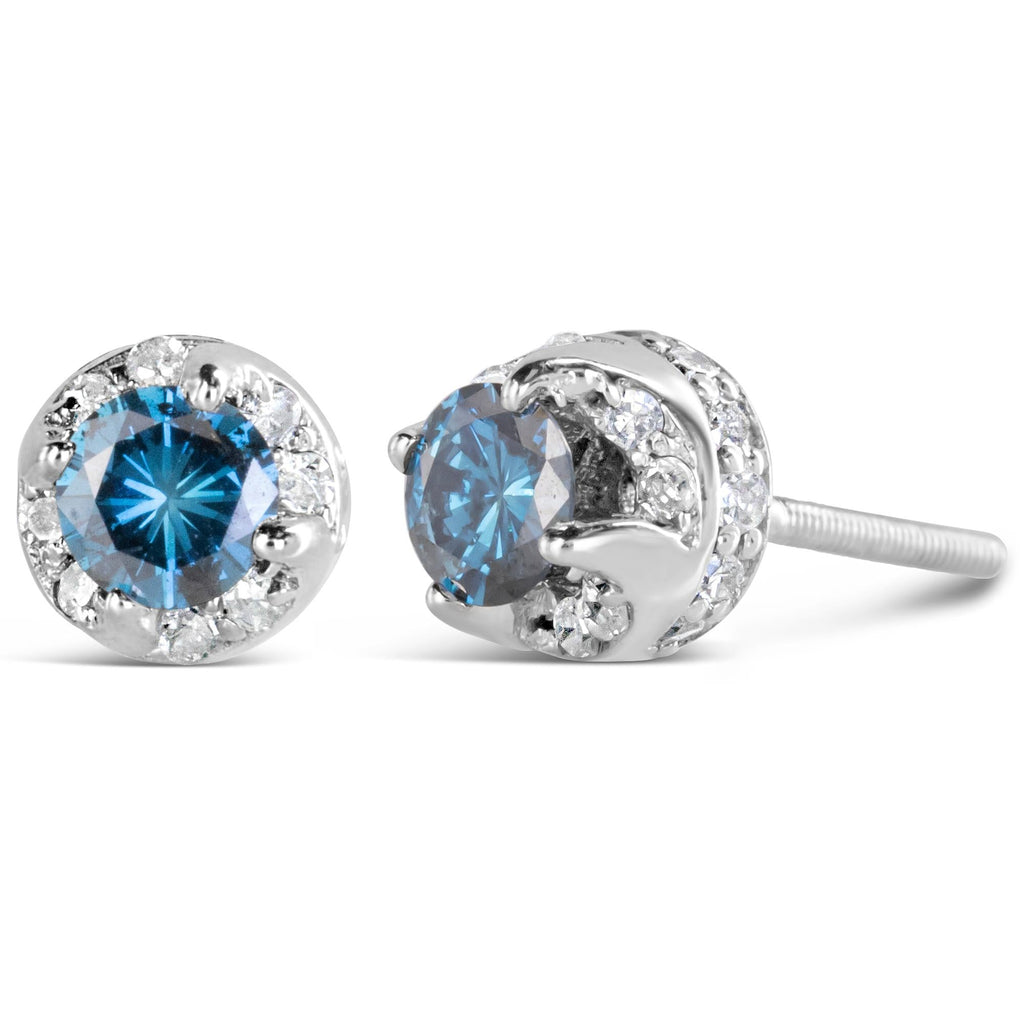 Aretes de oro blanco de 14 quilates con halo oculto de diamantes azules y blancos tratados de 1,00 quilates (color azul/IJ, claridad I2-I3) - Friggin Jewelry