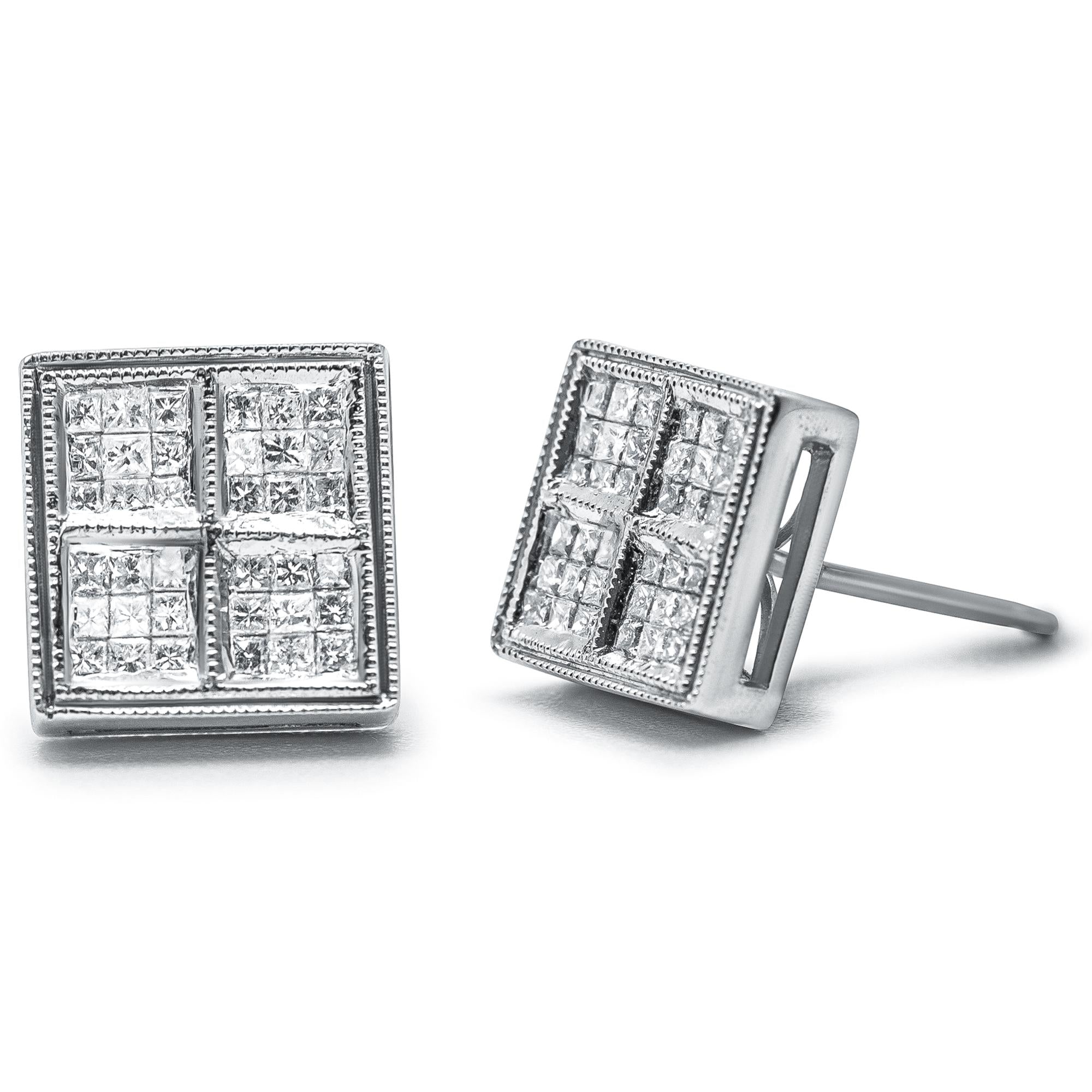 Aretes de oro blanco de 14 quilates con diamante princesa de 1/2 ct y forma de caja milgrain (color HI, claridad SI1-SI2) - Friggin Jewelry