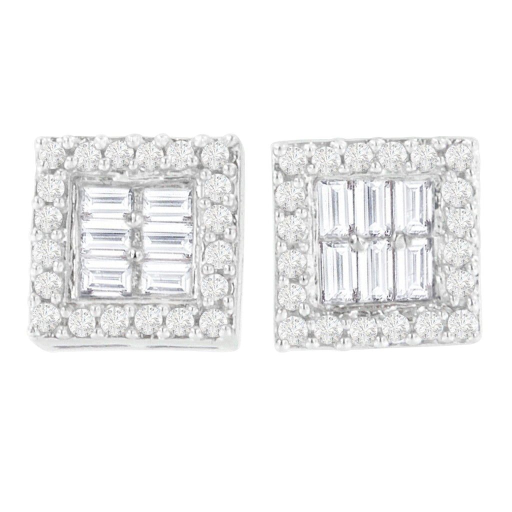Orecchini a bottone in oro bianco 14 carati con diamanti taglio rotondo e baguette da 1 carato (HI, SI1-SI2) - Friggin Jewelry