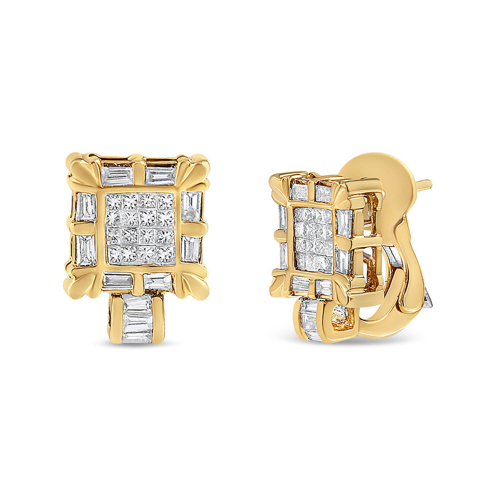 14K Yellow Gold 7/8 Cttw Princess and Baguette-Cut Diamond Square Framed Huggie Hoop Omega Earrings (H-I Color, SI1-SI2 Clarity) - Friggin Jewelry