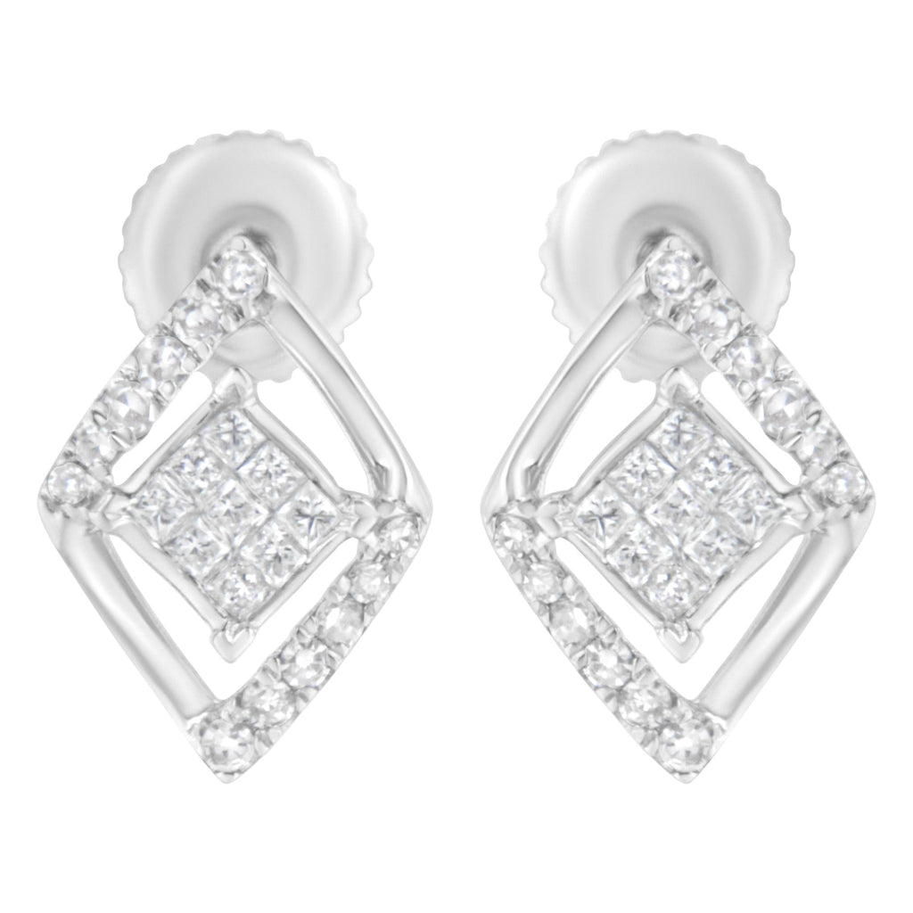 Orecchini a bottone in oro bianco 10 carati con doppio triangolo composito e diamanti taglio principessa da 1/3 ct (colore HI, purezza SI1-SI2) - Friggin Jewelry