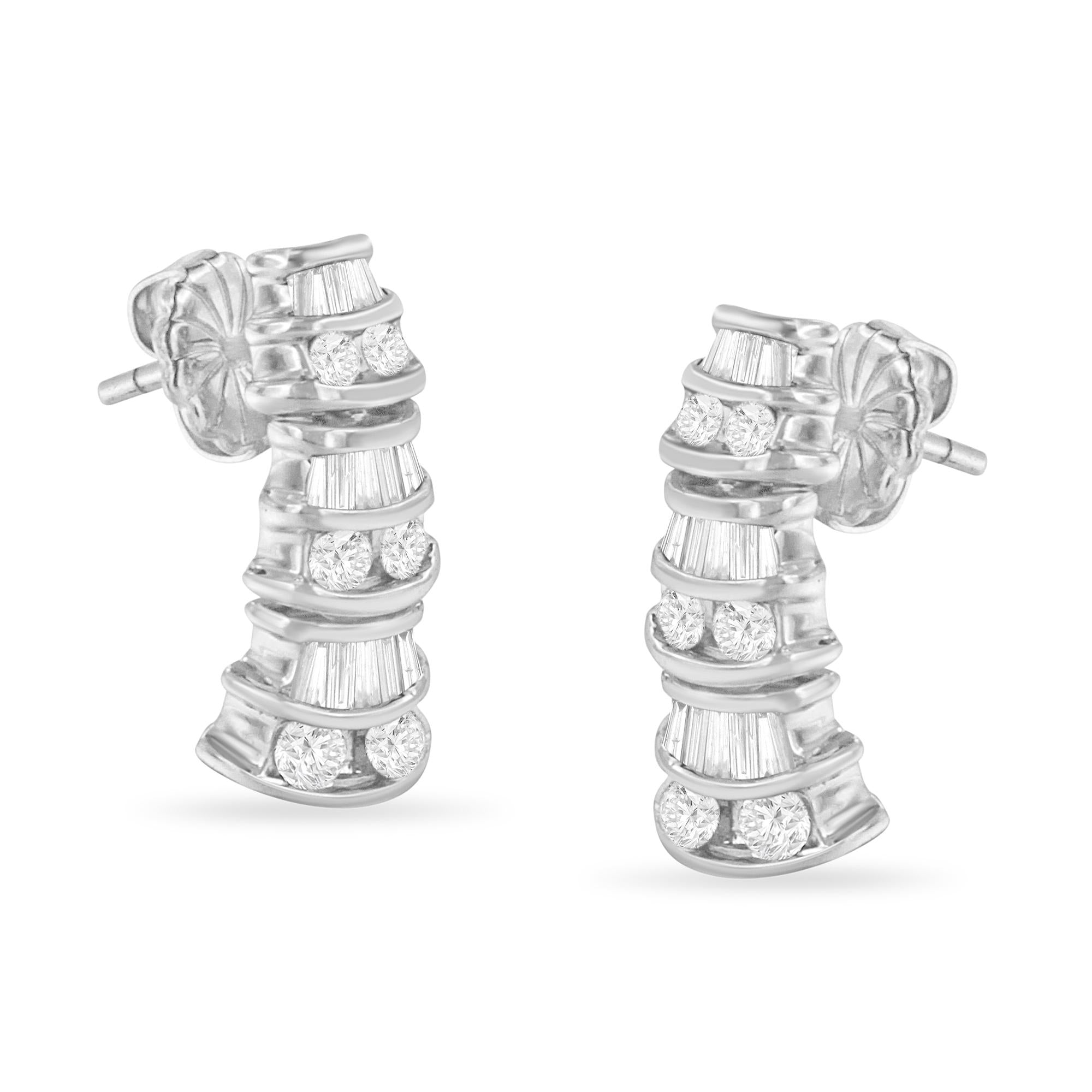 14KT White Gold 7/8 cttw Bagutte & Round Brilliant-Cut Diamond Dangle Multi Row Earrings (H-I, SI2-I1) - Friggin Jewelry