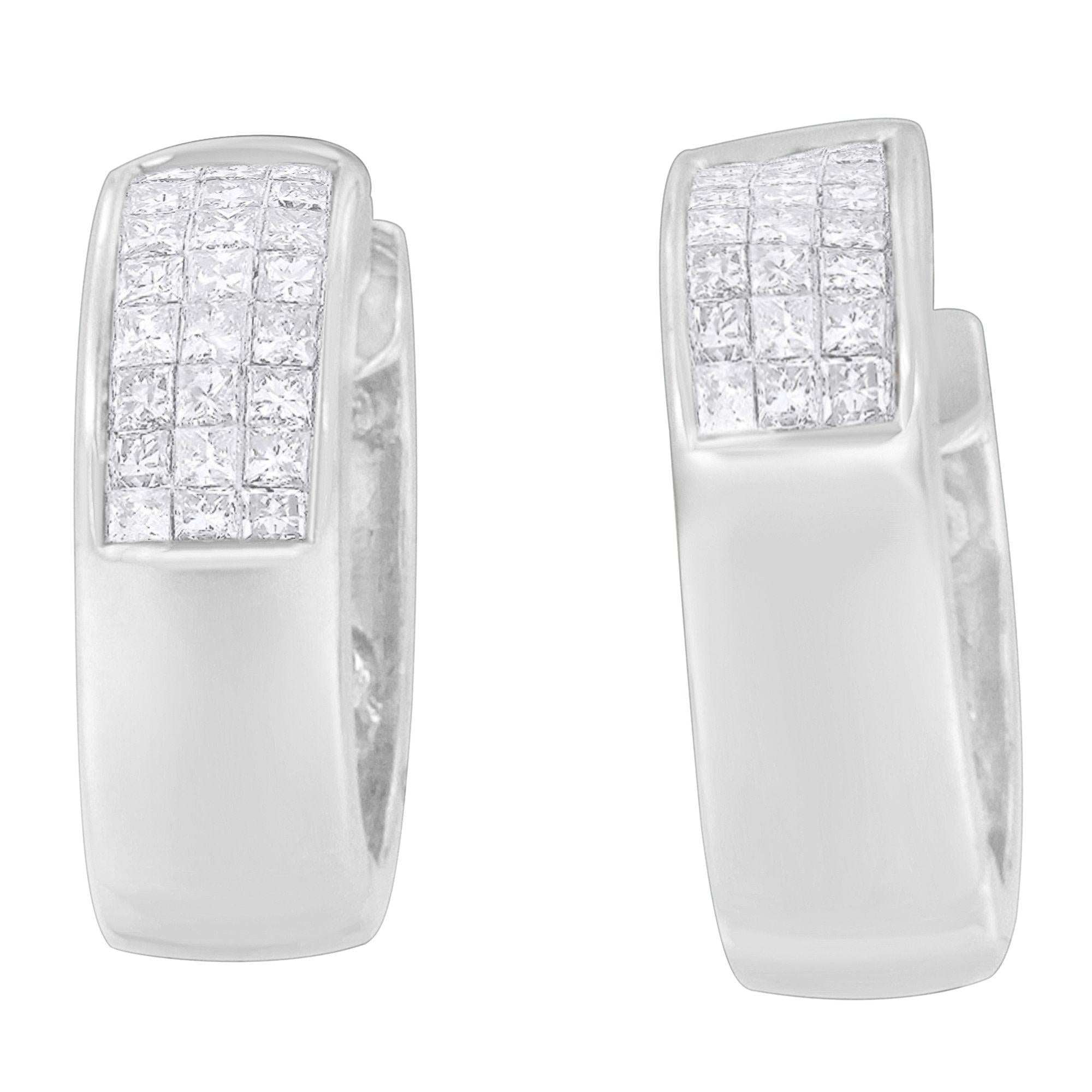 14K White Gold 1 1/8 cttw Princess and Round Cut Diamond Huggie Earrings (H-I, VS1-VS2) - Friggin Jewelry