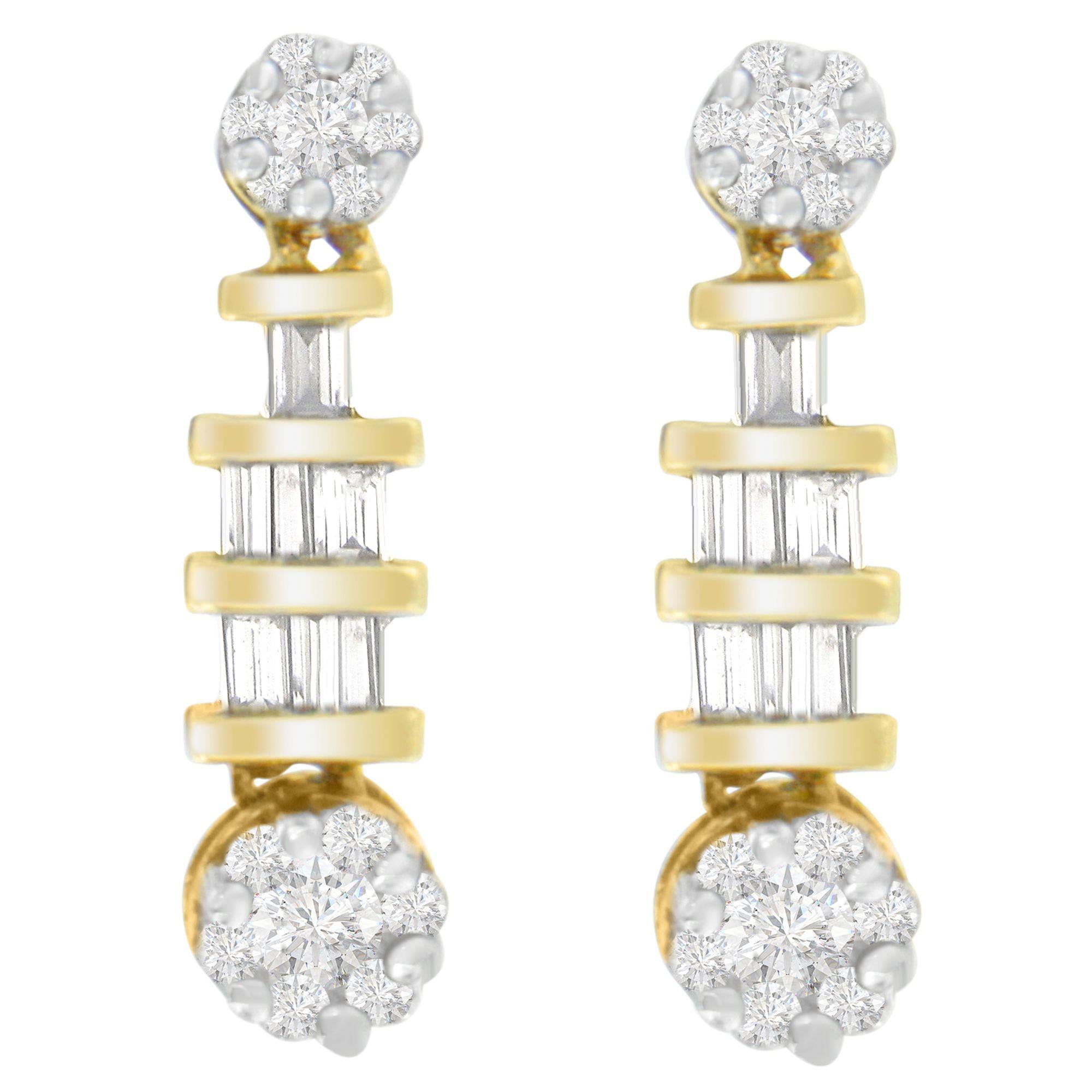14K Yellow Gold 3/4ct. TDW Round and Baguette-cut Diamond Earrings(H-I,SI1-SI2) - Friggin Jewelry