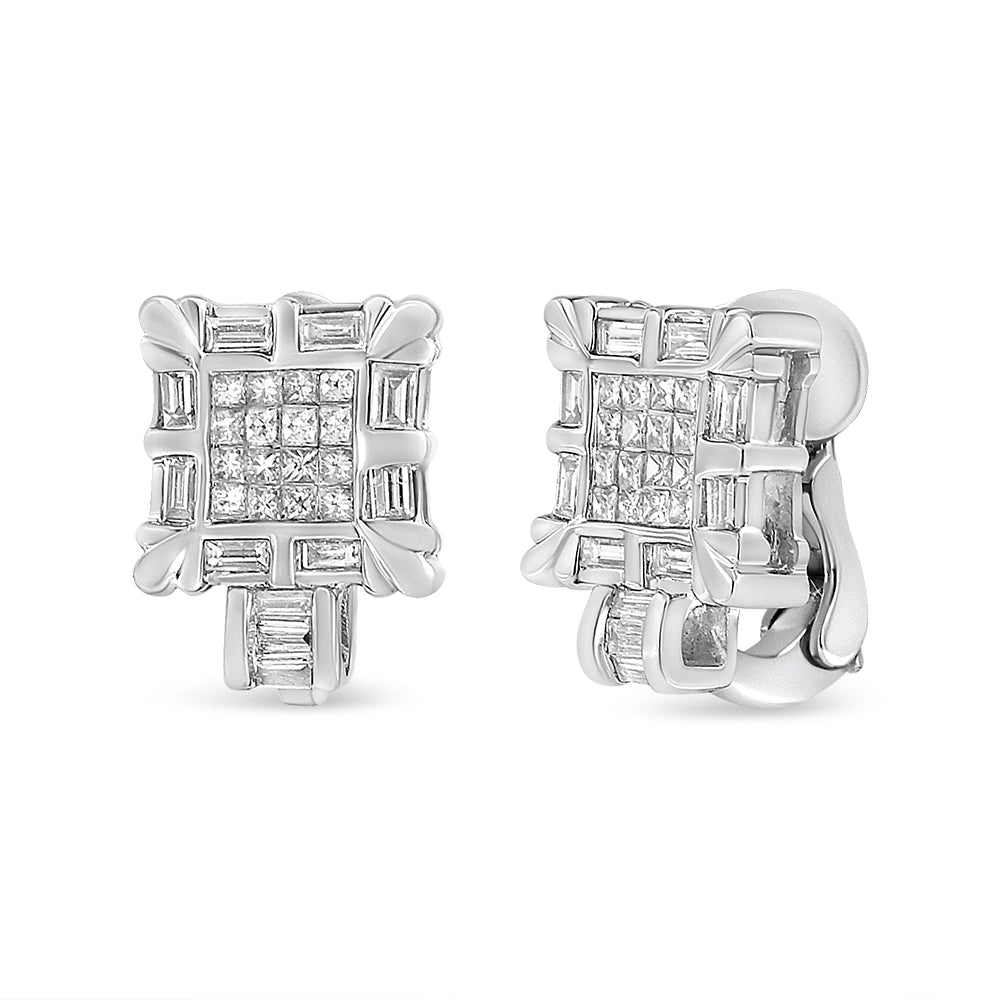 14K White Gold 1.0 Cttw Princess and Baguette-Cut Diamond Square Framed Huggie Hoop Omega Earrings (H-I Color, SI1-SI2 Clarity) - Friggin Jewelry