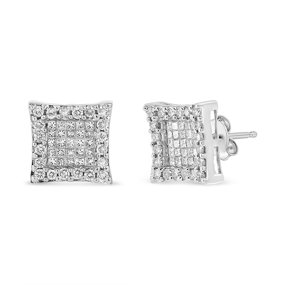 18K White Gold 1.00 Cttw Round and Princess-Cut Diamond Halo Square Stud Earring (G-H Color, SI1-SI2 Clarity) - Friggin Jewelry
