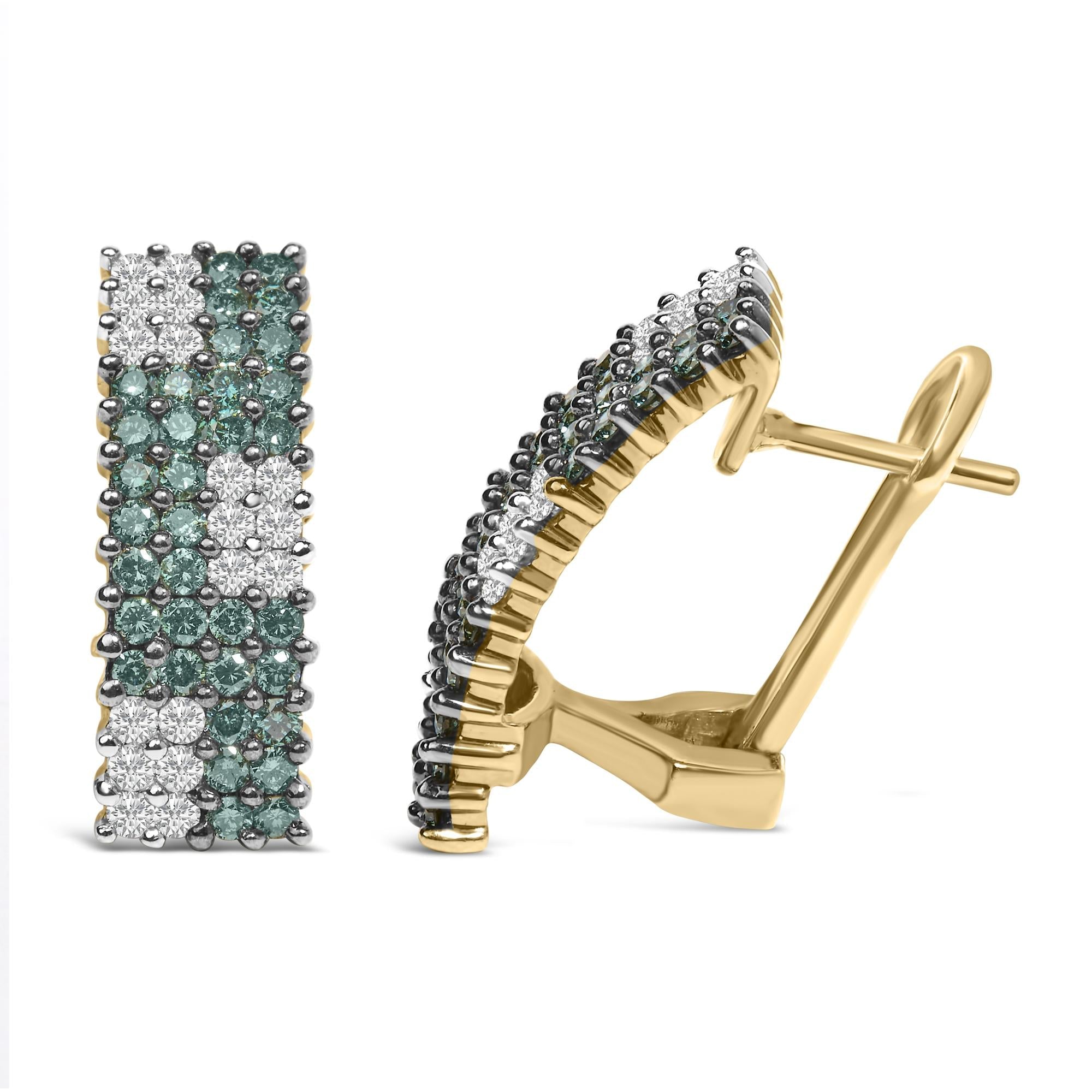 Orecchini Omegaback a quattro file in oro giallo 14 carati con diamanti bianchi e blu trattati da 2,00 ct (colore HI, purezza SI1-SI2) - Friggin Jewelry