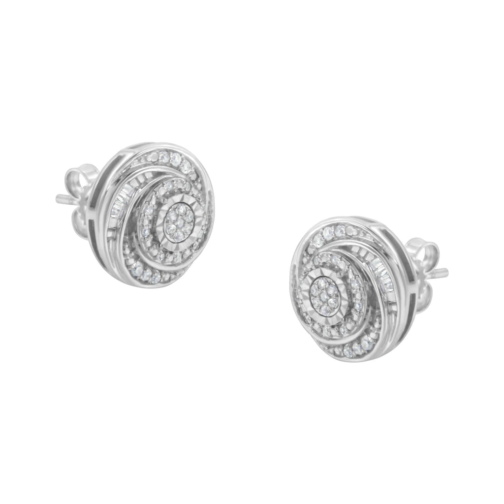 .925 Sterling Silver 1/4 Cttw Baguette and Round Diamond Swirl Love Knot Stud Earrings (I-J Color, I3 Clarity) - Friggin Jewelry