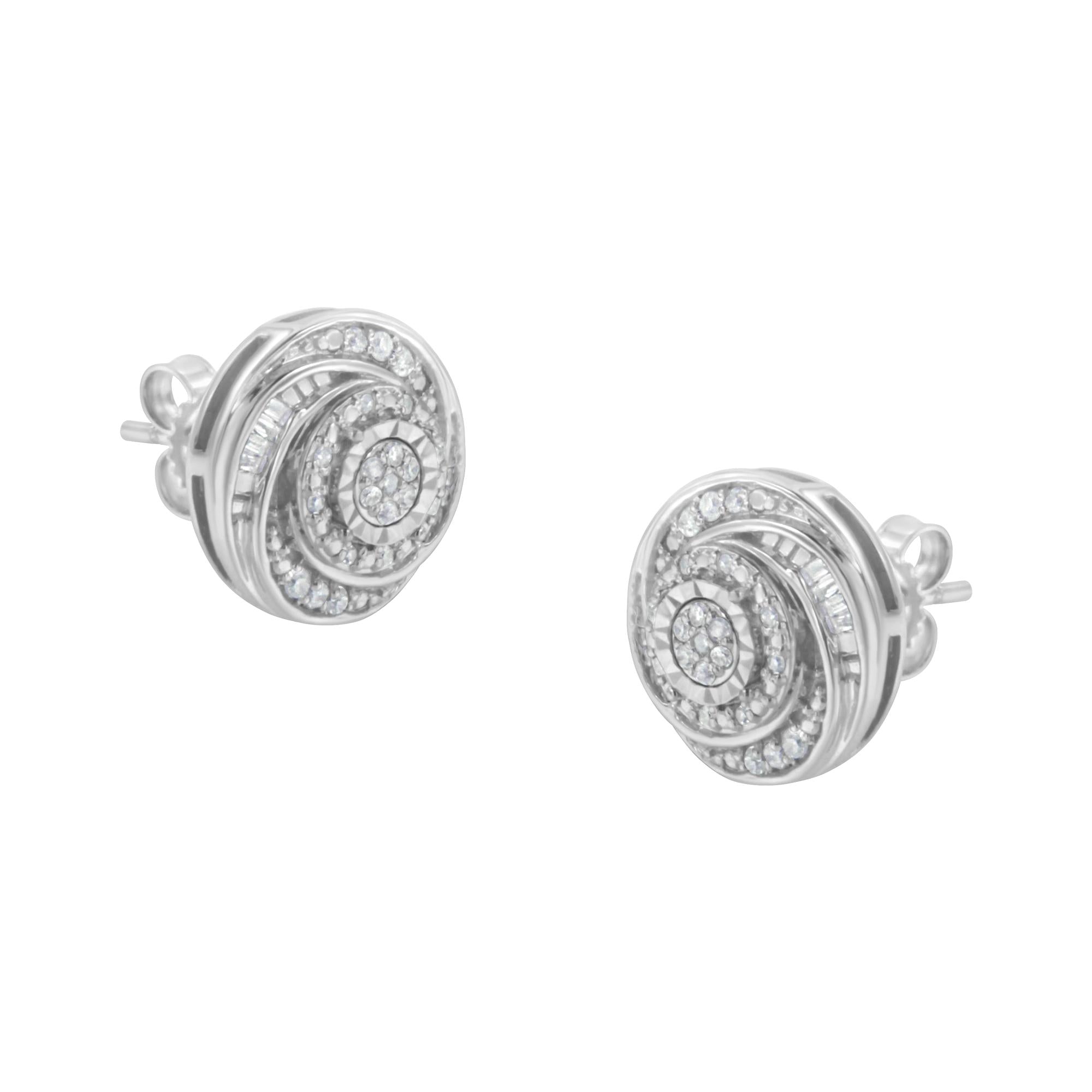 .925 Sterling Silver 1/4 Cttw Baguette and Round Diamond Swirl Love Knot Stud Earrings (I-J Color, I3 Clarity) - Friggin Jewelry