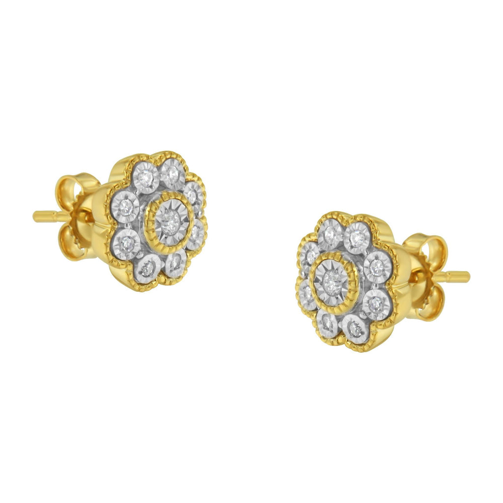 14K Yellow Gold Plated .925 Sterling Silver 1/6 Cttw Miracle-Plate Set Diamond Floral Stud Earrings (I-J Color, I2-I3 Clarity) - Friggin Jewelry
