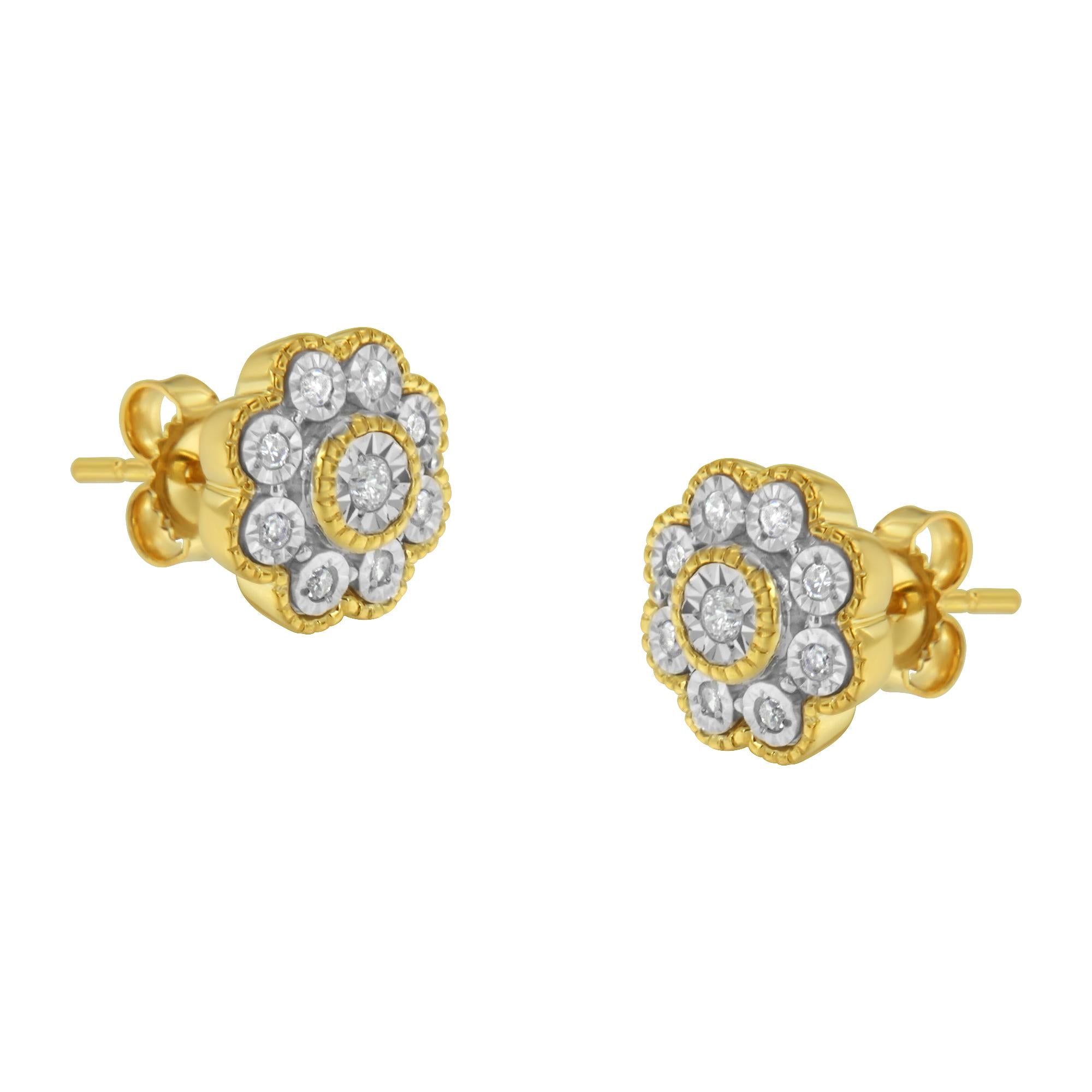 14K Yellow Gold Plated .925 Sterling Silver 1/6 Cttw Miracle-Plate Set Diamond Floral Stud Earrings (I-J Color, I2-I3 Clarity) - Friggin Jewelry
