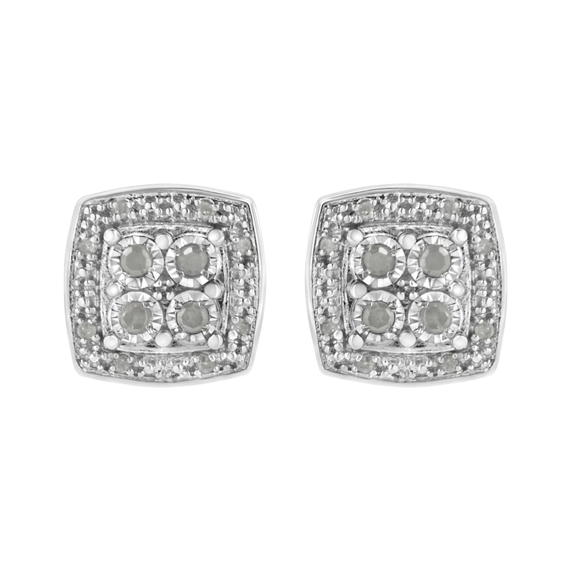.925 Sterling Silver 1/4 cttw Round Cut Diamond Square Shape Milgrain Stud Earrings (I-J Color, I3 Clarity) - Friggin Jewelry