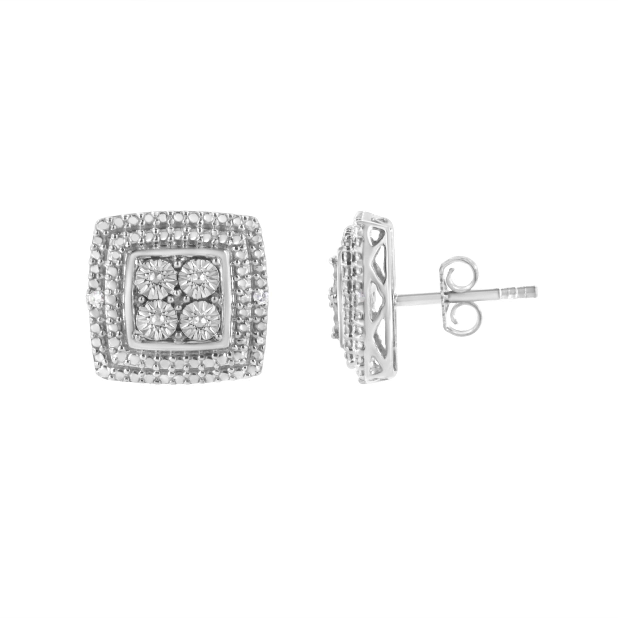 .925 Sterling Silver Diamond Accented Square Shaped Milgrain Stud Earrings (I-J Clarity, I3 Color) - Friggin Jewelry