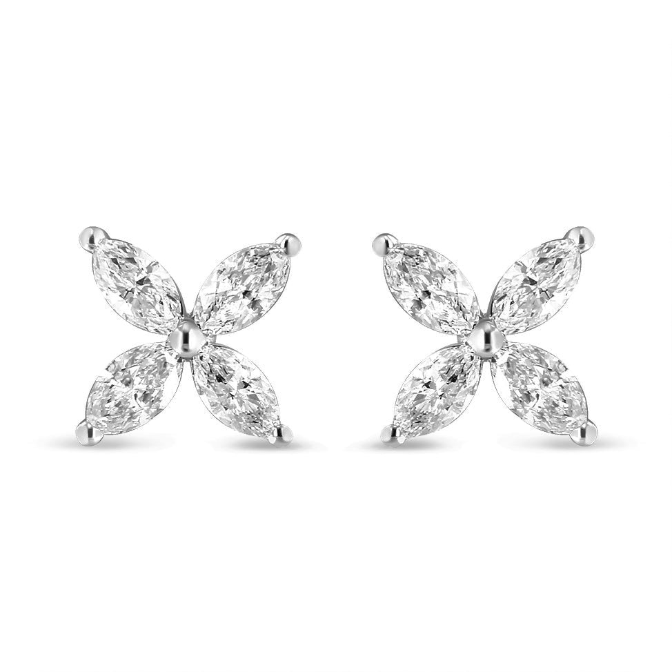 14K White Gold 1.0 Cttw Marquise Diamond 8 Stone Floral Leaf Stud Earrings (H-I Color, SI2-I1 Clarity) - Friggin Jewelry Premium