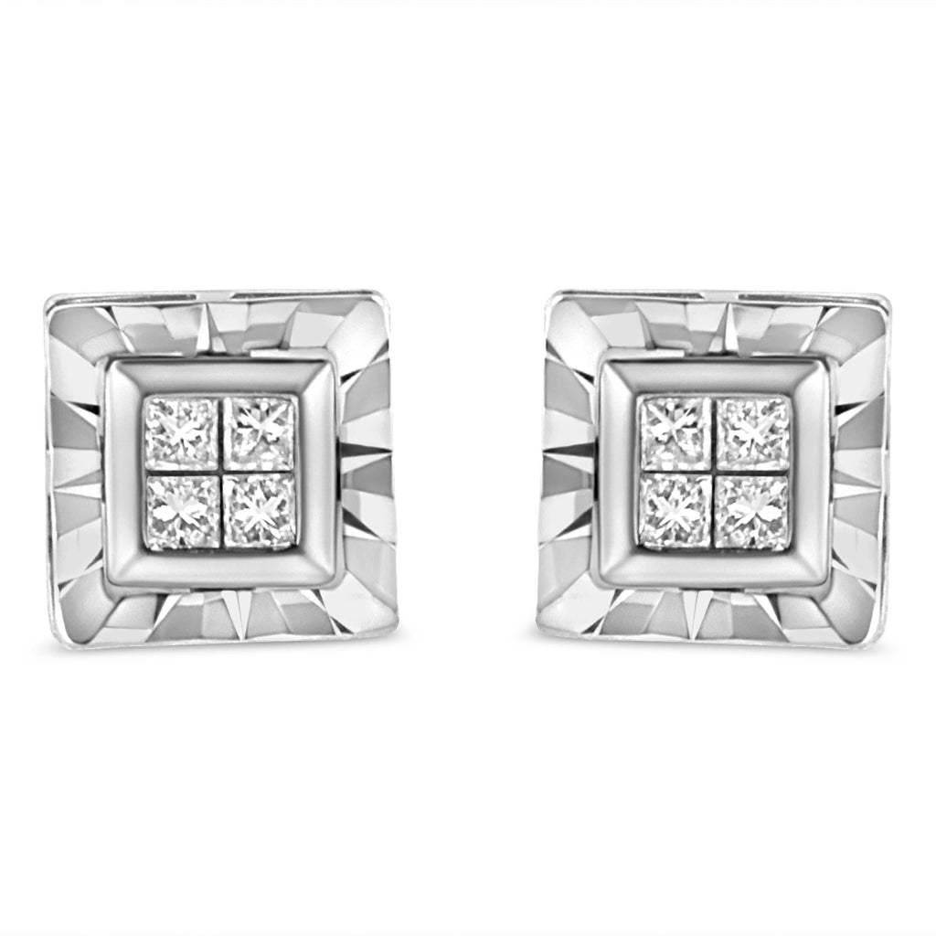 .925 Sterling Silver 1/6 Cttw Invisible Set Princess-Cut Diamond Quad Composite Stud Earrings (H-I Color, I1-I2 Clarity) - Friggin Jewelry