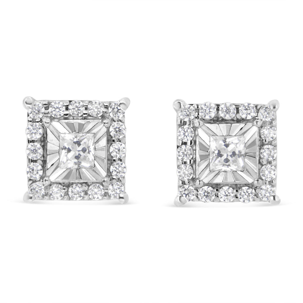 Pendientes de plata de ley 925 con halo de diamantes de talla princesa y redonda de 1/4 ct (color IJ, claridad I2-I3) - Friggin Jewelry