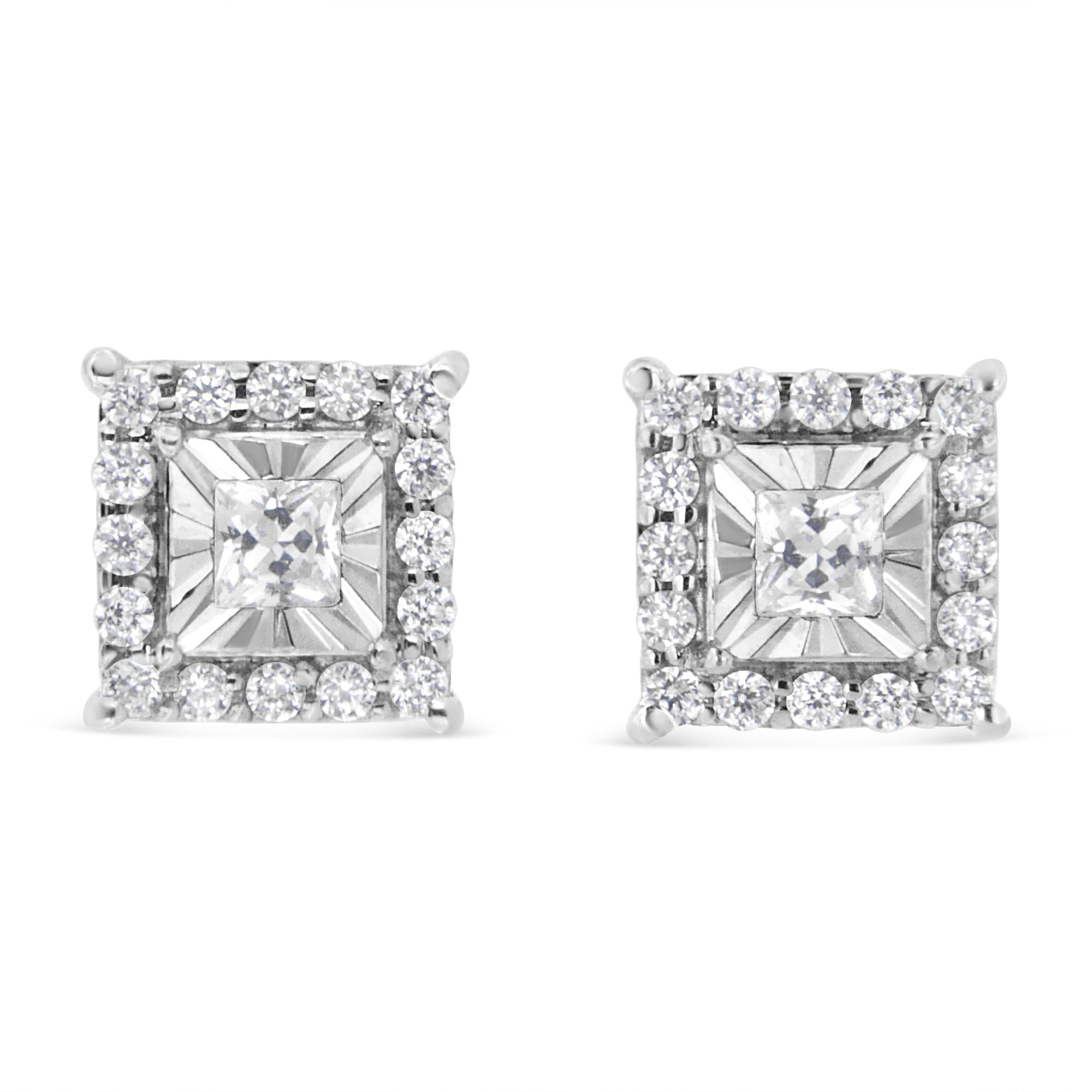 Pendientes de plata de ley 925 con halo de diamantes de talla princesa y redonda de 1/4 ct (color IJ, claridad I2-I3) - Friggin Jewelry