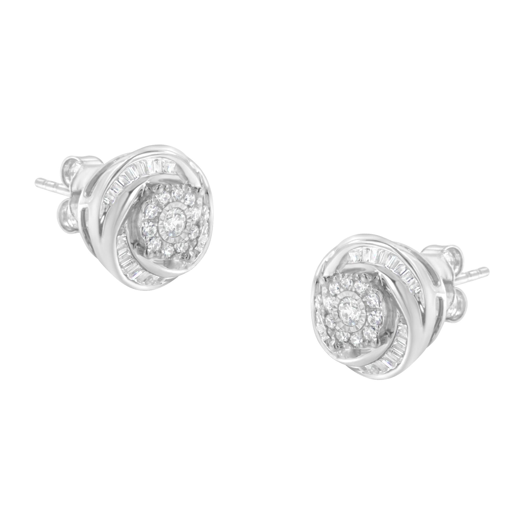 Pendiente de botón con nudo de amor de diamantes de talla baguette y redonda de 3/4 quilates en plata de ley 925 (color IJ, claridad I2-I3) - Friggin Jewelry