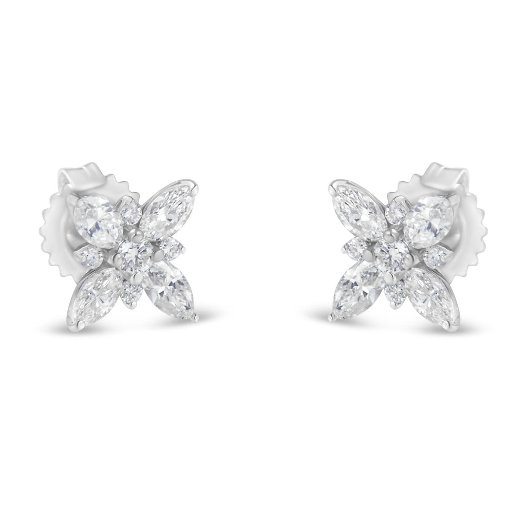 Orecchini a bottone a forma di fiore con diamanti Marquise in oro bianco 14 carati (1,00 cttw, colore HI, purezza SI1-SI2) - Friggin Jewelry
