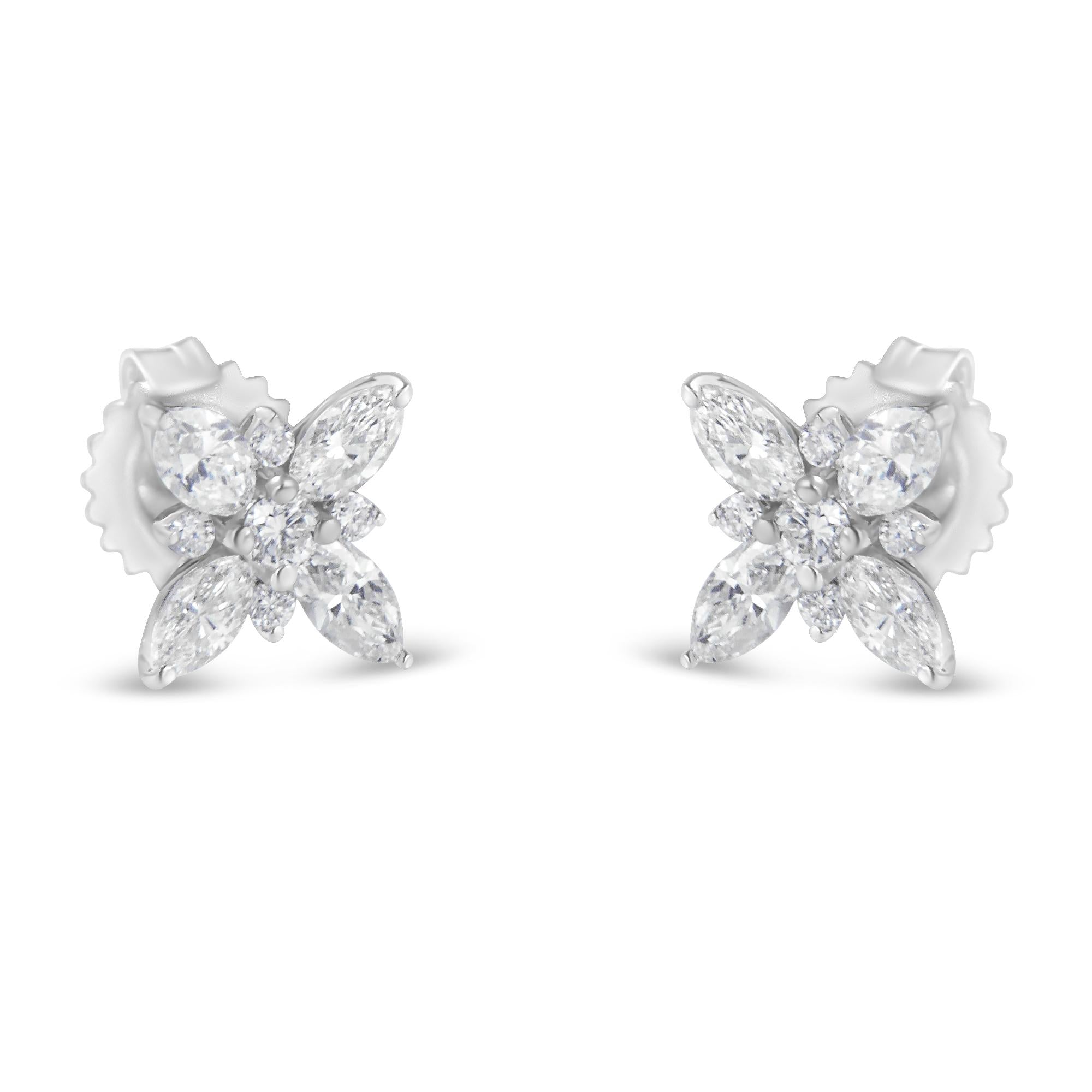 Orecchini a bottone a forma di fiore con diamanti Marquise in oro bianco 14 carati (1,00 cttw, colore HI, purezza SI1-SI2) - Friggin Jewelry