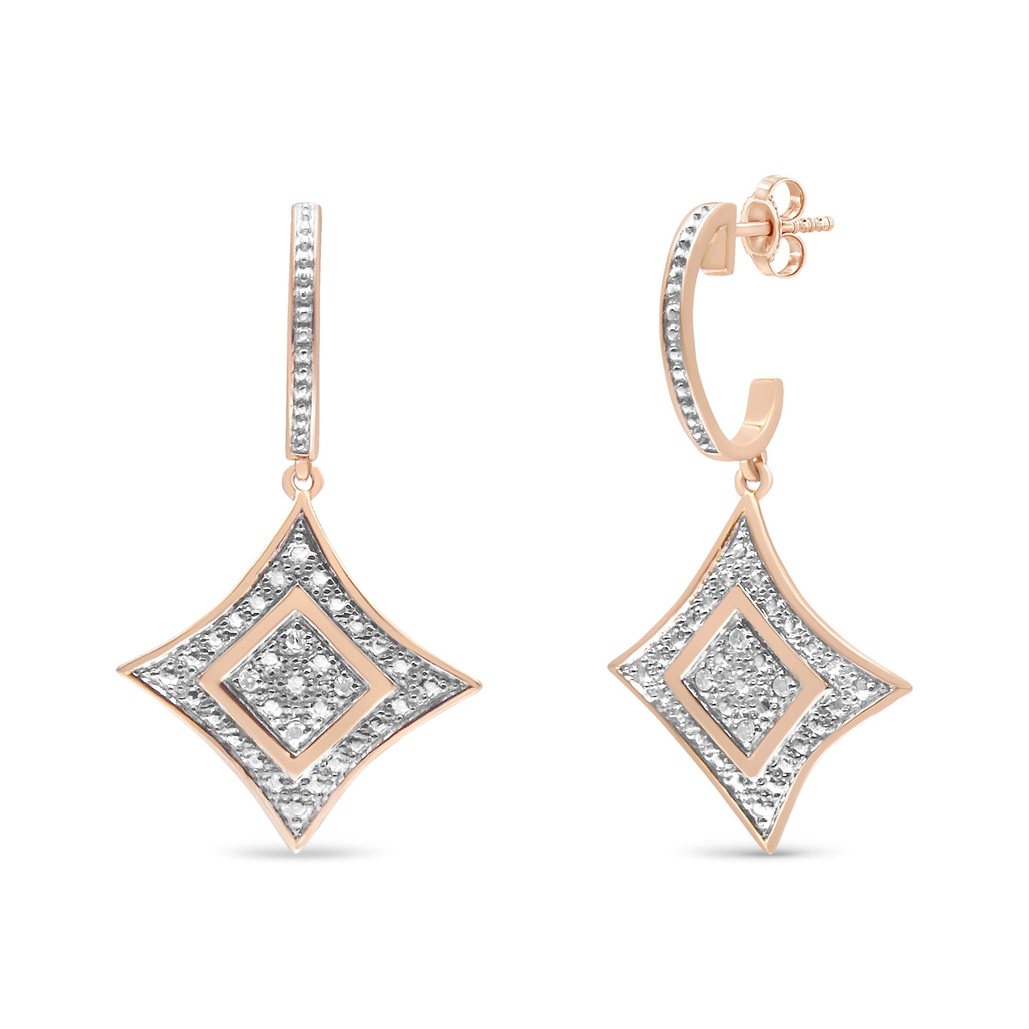 14K Rose Gold Plated .925 Sterling Silver Round-Cut Diamond Accent Dangle Rhombus Earrings (H-I Color, I2-I3 Clarity) - Friggin Jewelry