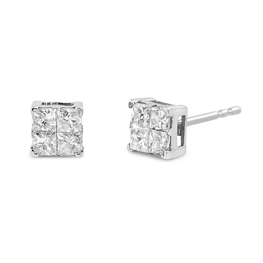 Aretes de oro blanco de 10 quilates con diamantes de talla princesa de 1,00 ct y forma cuadrada (color GH, claridad I2-I3) - Friggin Jewelry