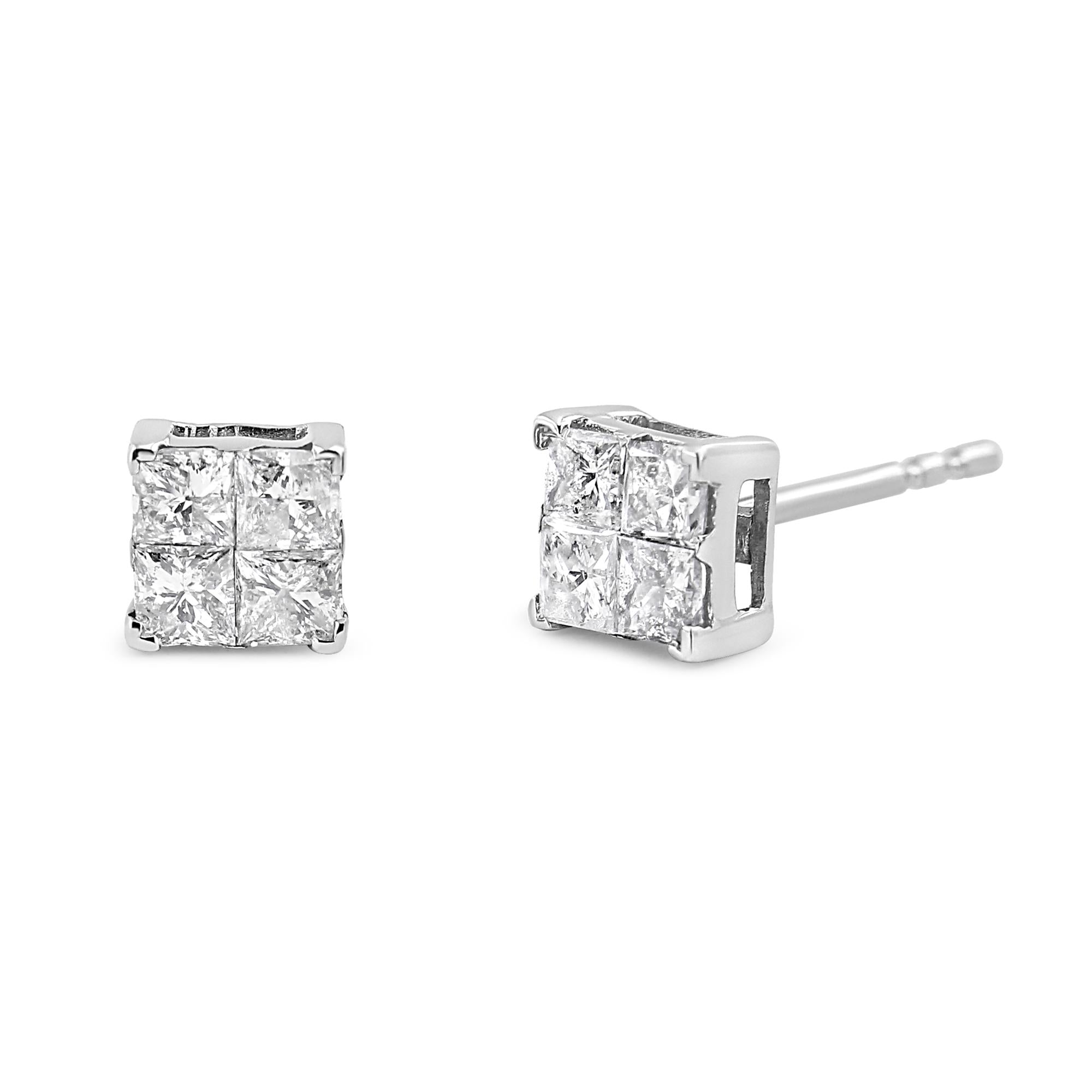Aretes de oro blanco de 10 quilates con diamantes de talla princesa de 1,00 ct y forma cuadrada (color GH, claridad I2-I3) - Friggin Jewelry