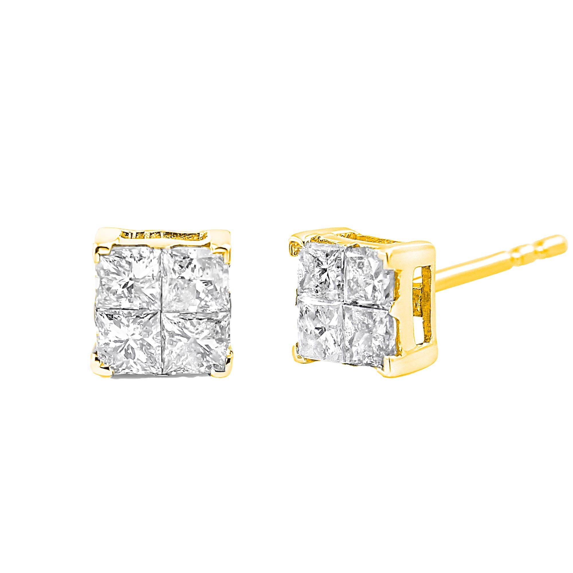 10K Yellow Gold Plated .925 Sterling Silver 1.0 Cttw Princess-Cut Diamond Composite Multi Stone Stud Earrings (J-K Color, SI2-I1 Clarity) - Friggin Jewelry