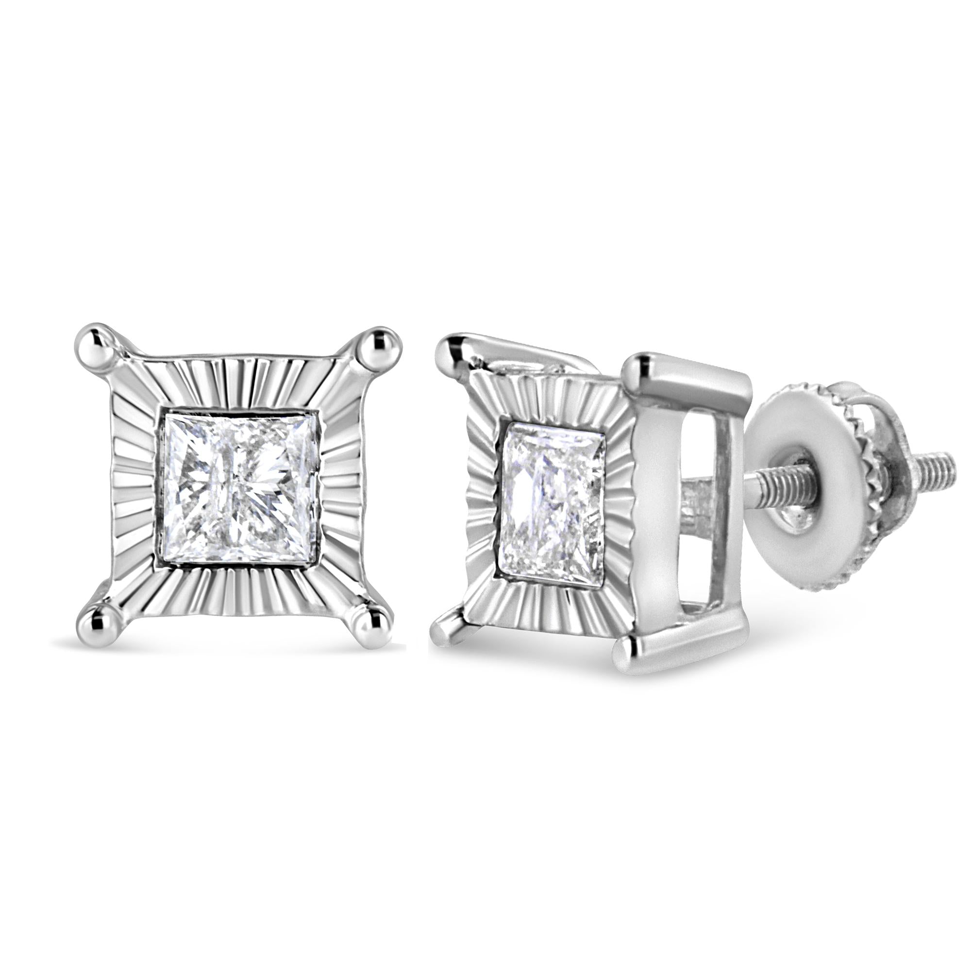 Pendientes solitarios de diamantes de talla princesa engastados en plata de ley 925 (color HI, claridad I2-I3) - Friggin Jewelry
