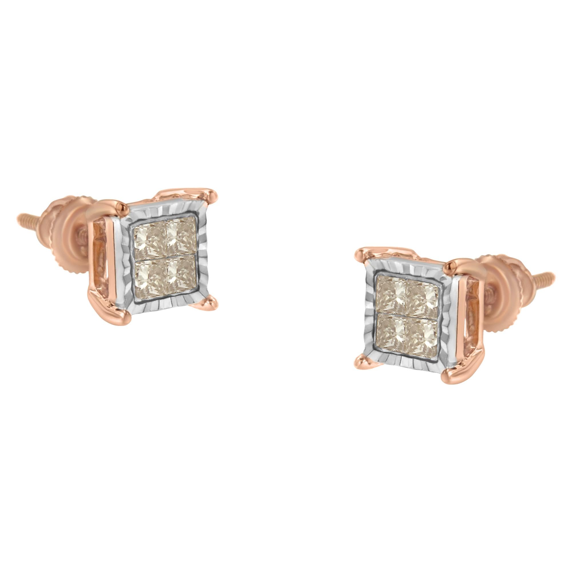 Aretes de diamantes compuestos de talla princesa de dos tonos de 10 quilates (1/2 ct, color JK, claridad I1-I2) - Friggin Jewelry