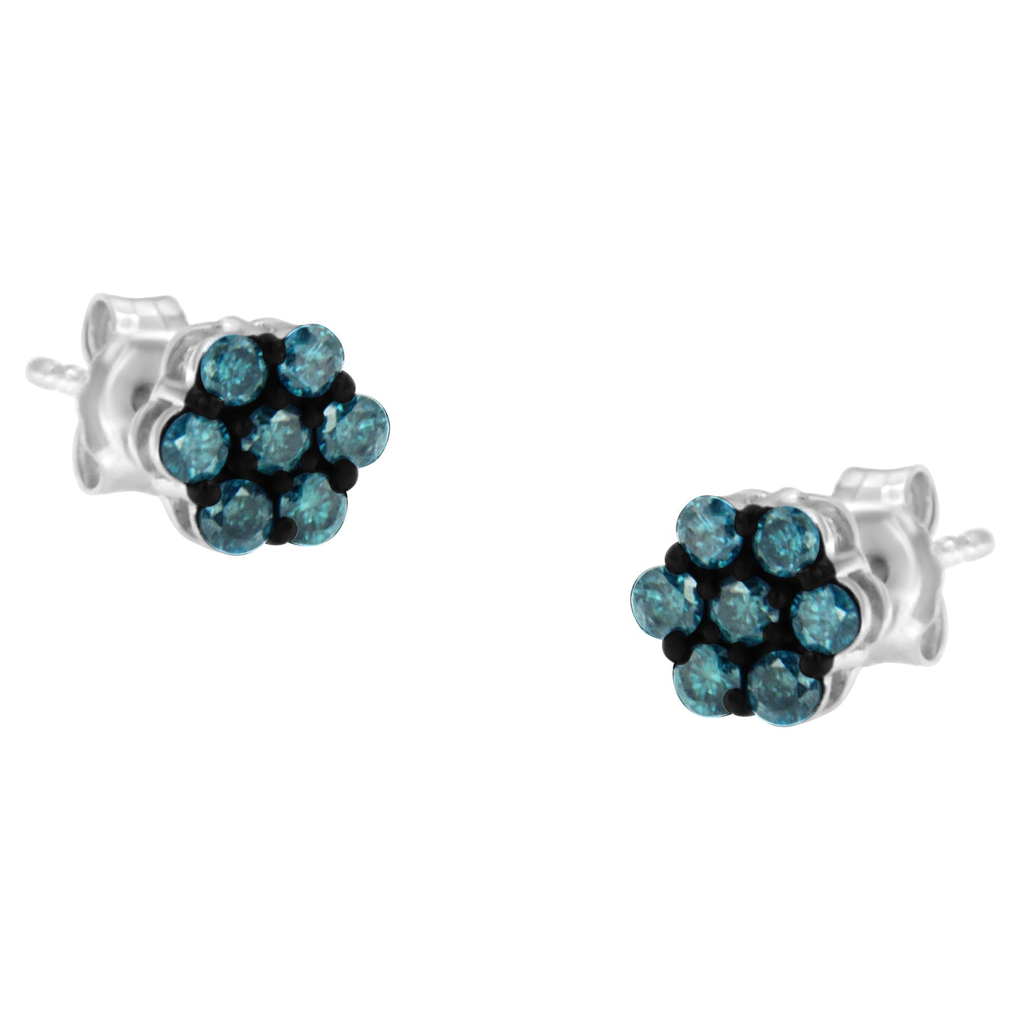 Sterling Silver Treated Blue Diamond Floral Stud Earrings (0.5 cttw, Blue Color, I2-I3 Clarity) - Friggin Jewelry
