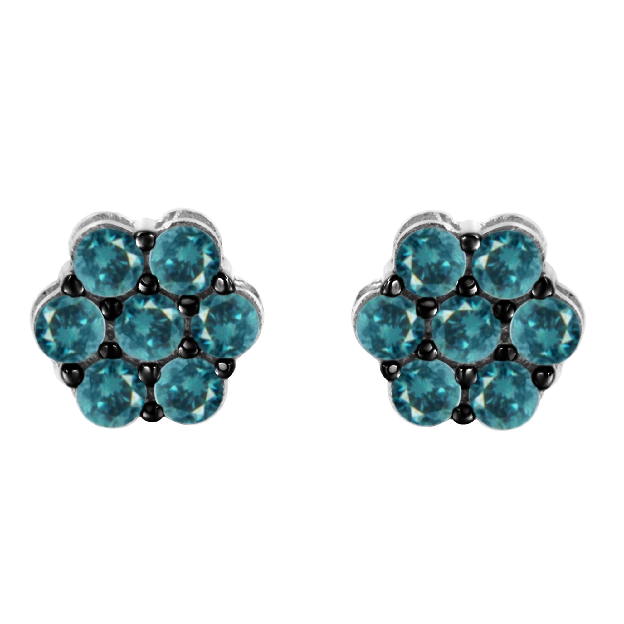 Pendientes de plata de ley con diseño floral de diamantes azules tratados (1 ct, color azul, claridad I2-I3) - Friggin Jewelry
