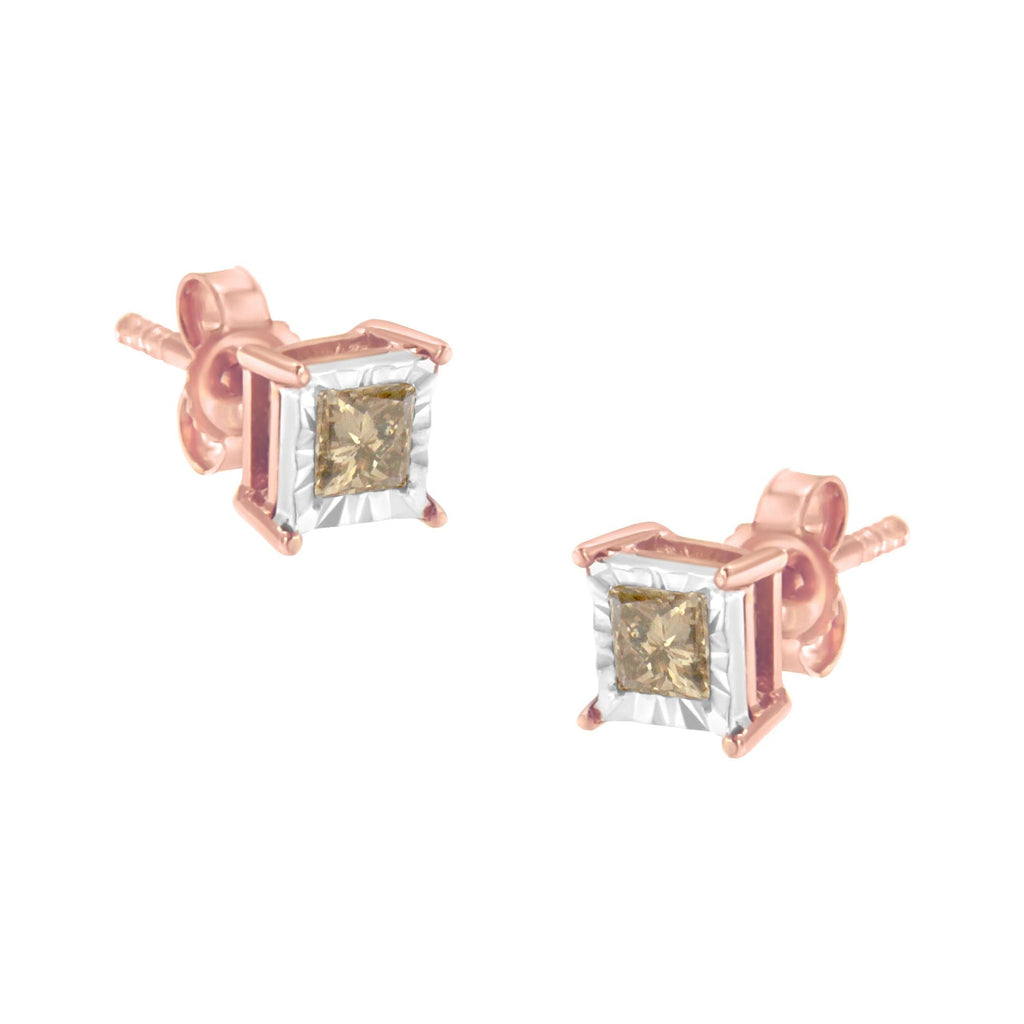 Aretes solitarios de 1/2 ct con diamantes cuadrados de talla princesa y baño de oro rosa de 14 quilates en plata de ley 925 de dos tonos (color KL, claridad I2-I3) - Friggin Jewelry