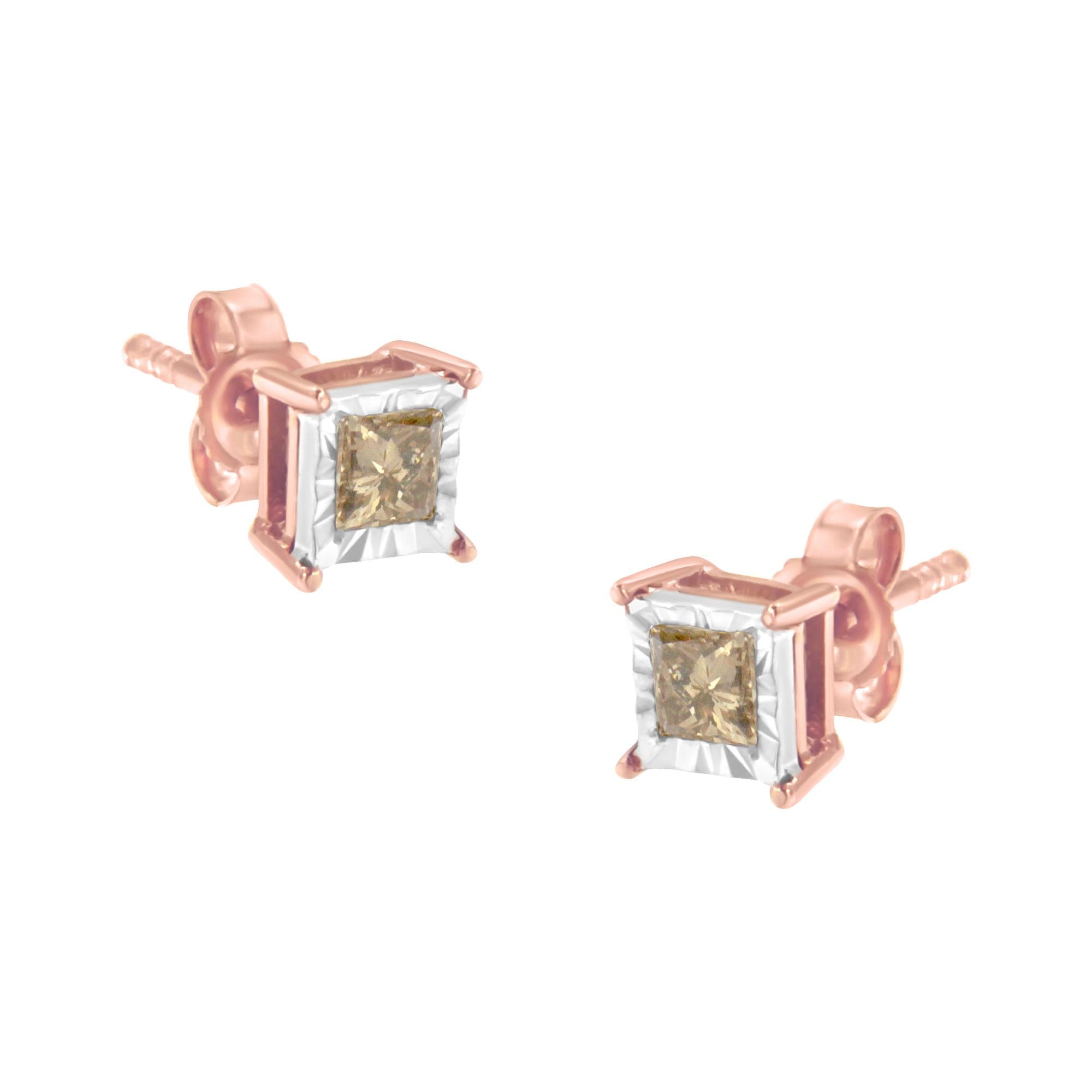 14K Rose Gold Plated Two-Tone .925 Sterling Silver 1/2 Cttw Princess-Cut Square Diamond Solitaire Miracle-Plate Stud Earrings (K-L Color, I2-I3 Clarity) - Friggin Jewelry