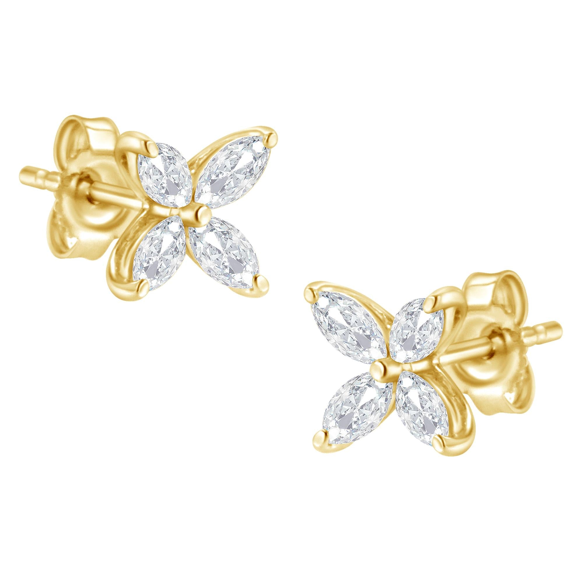 14K Gold Marquise Diamond 8 Stone Floral Leaf Stud Earrings (I-J Color, SI2-I1 Clarity) - Friggin Jewelry